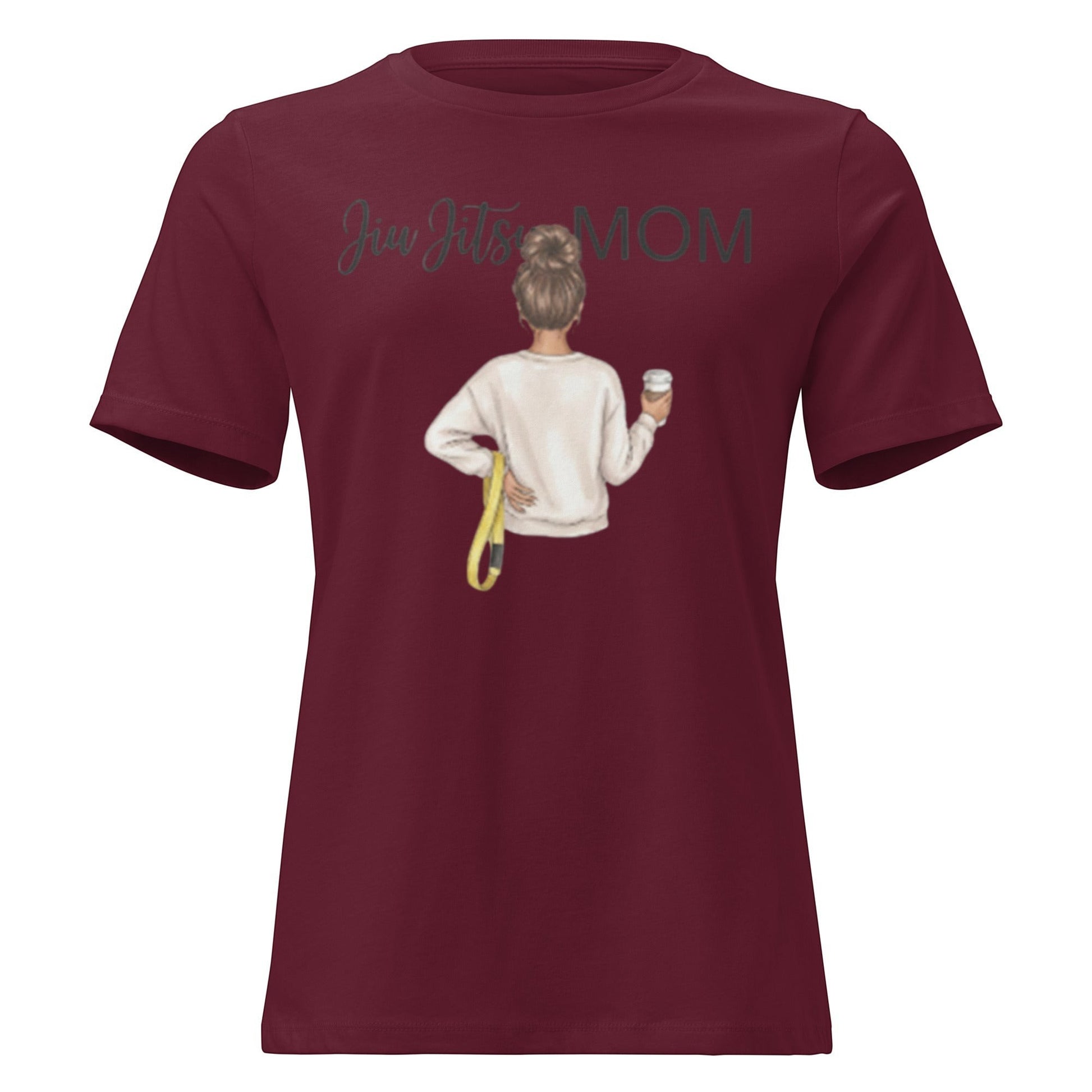 Roll Gear Jiu Jitsu Mom graphic tee in maroon, 100% cotton, relaxed fit, crew neck.