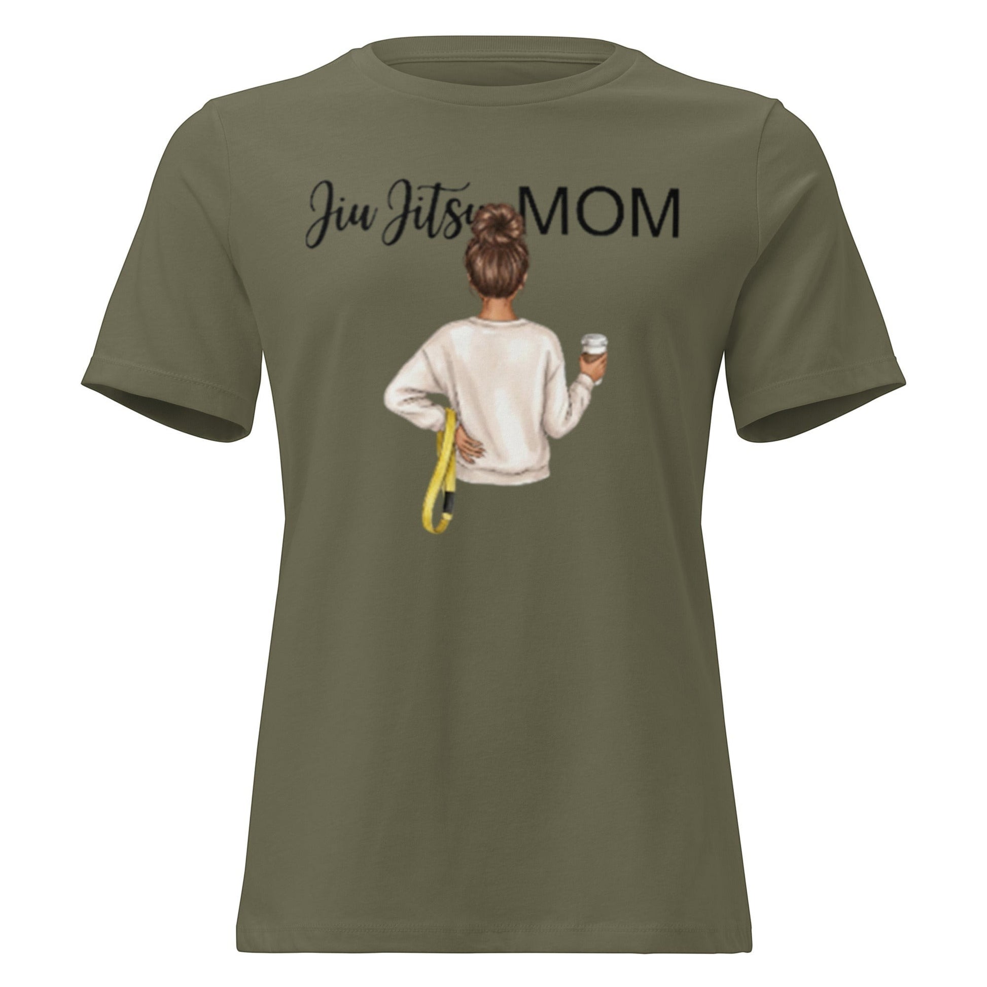Roll Gear Jiu Jitsu Mom graphic tee in olive green. Features a graphic of a woman with her hair in a bun, holding a coffee cup and a yellow belt.