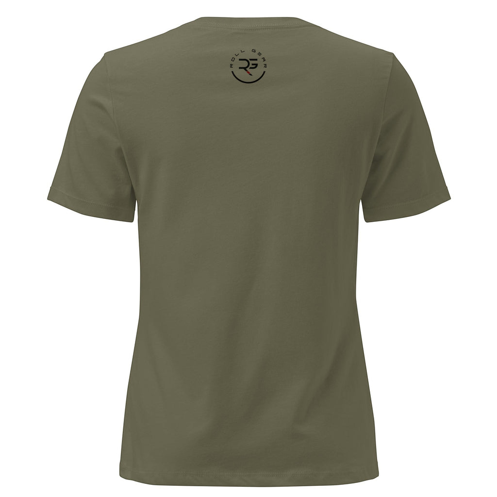 Roll Gear olive green 100% cotton relaxed fit women's Jiu Jitsu Mom tee with crew neck and short sleeves.