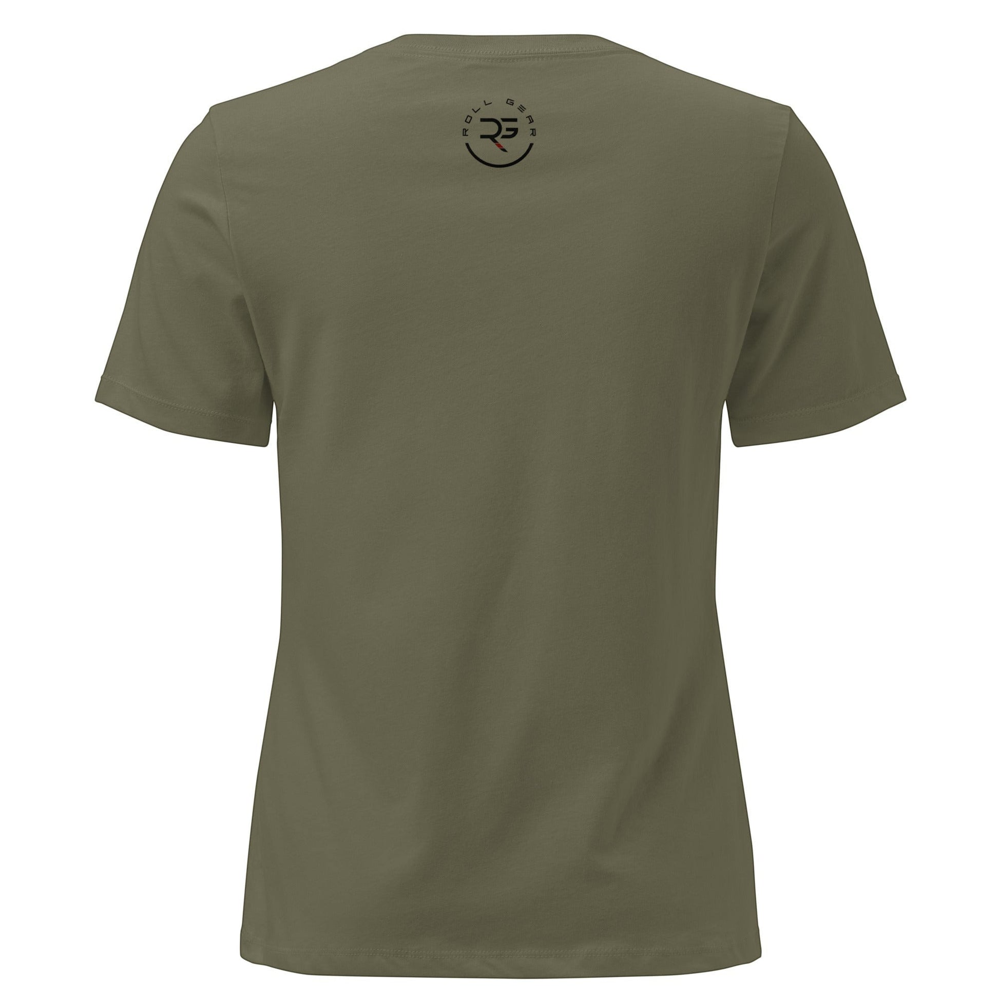Roll Gear olive green 100% cotton relaxed fit women's Jiu Jitsu Mom tee with crew neck and short sleeves.
