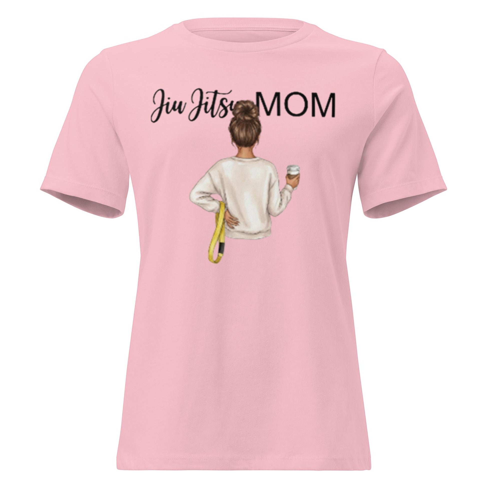 Roll Gear pink cotton t-shirt with "Jiu Jitsu Mom" graphic of woman holding coffee and belt.