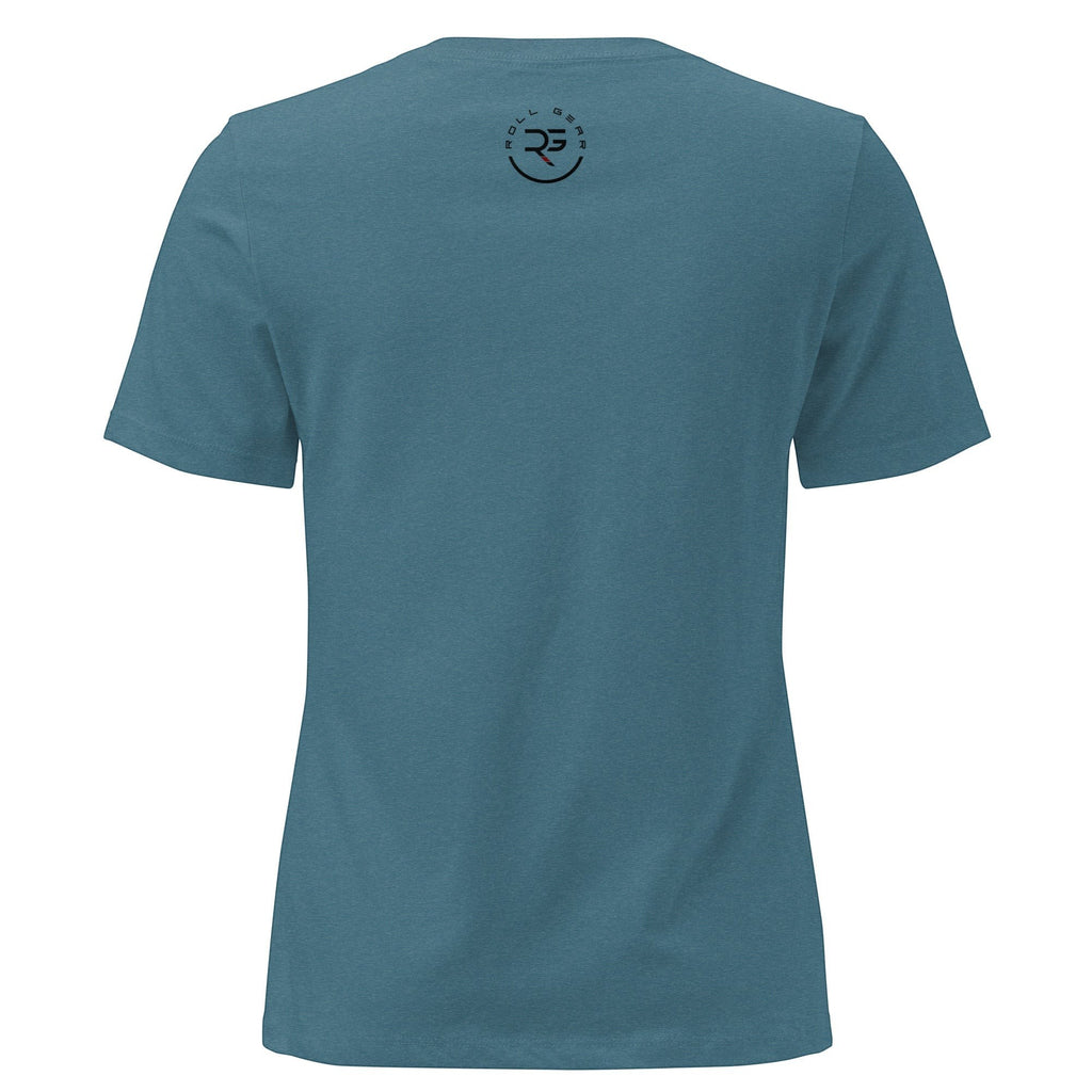 Roll Gear women's relaxed fit teal crew neck t-shirt with a small circular logo on the back.