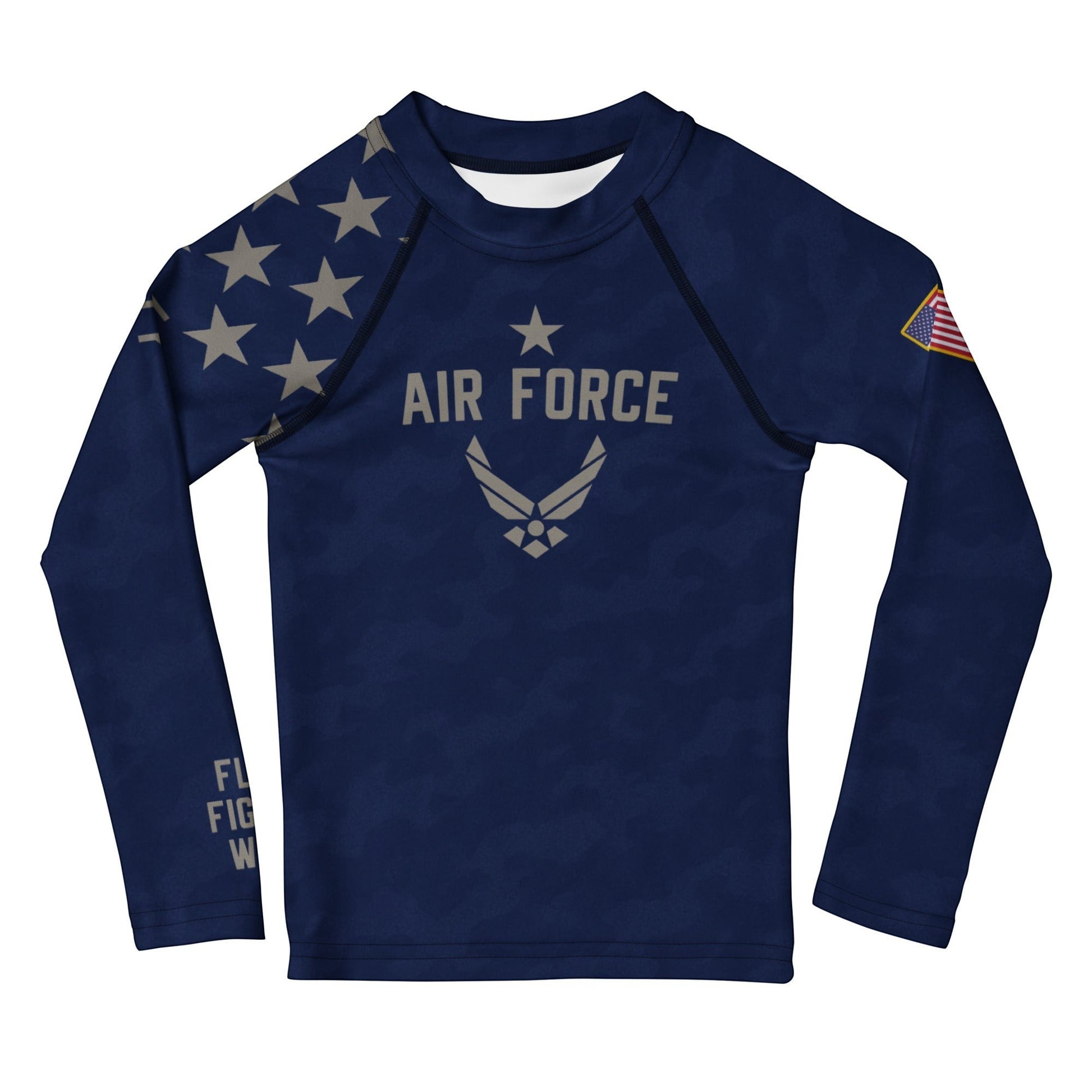 Roll Gear Kids Air Force long sleeve rash guard in navy blue with Air Force graphics, stars, and US flag patch. Made from recycled polyester and elastane.