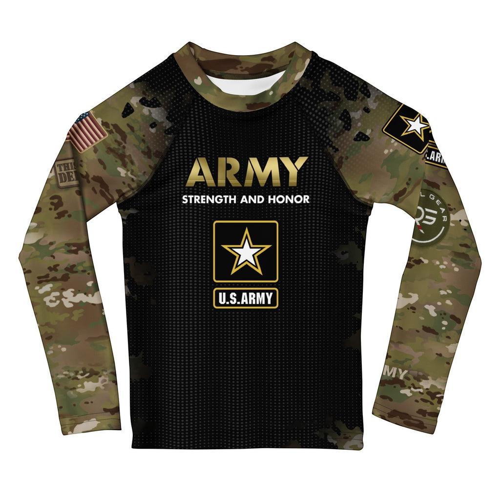 Roll Gear Kids Army Long Sleeve Rash Guard with black body, Multicam sleeves, and U.S. Army insignia. Performance fabric.