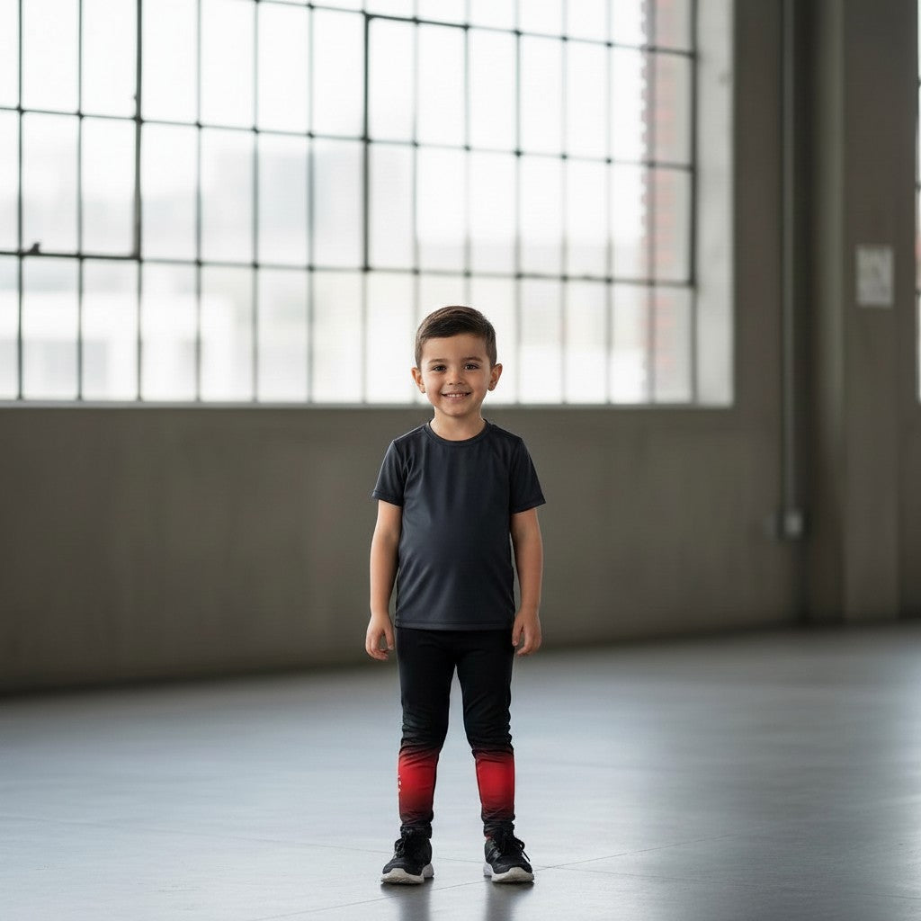 Roll Gear kids' black and grey fade training spats with reinforced seams and 4-way stretch for active play.