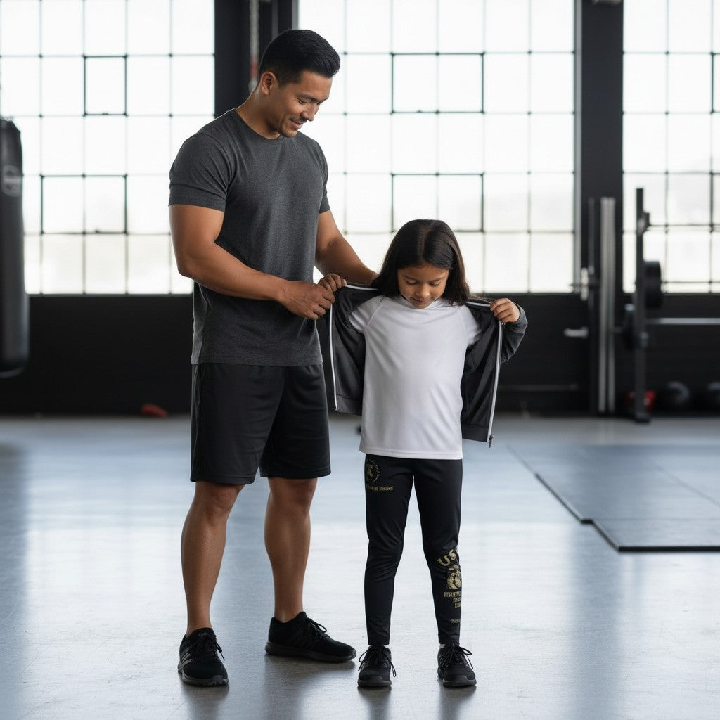 Roll Gear Kids Marines “Gold” compression spats in black with gold USMC graphics. Four-way stretch polyester-spandex blend.