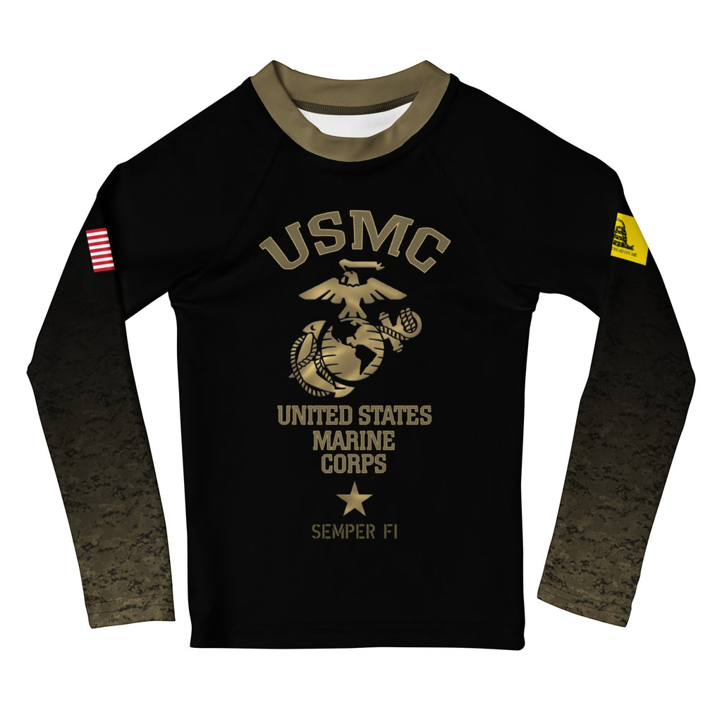 Roll Gear Kids Marines “Gold” military rash guard in black with faded gold sleeves and USMC emblem. Long sleeve, compression fit.