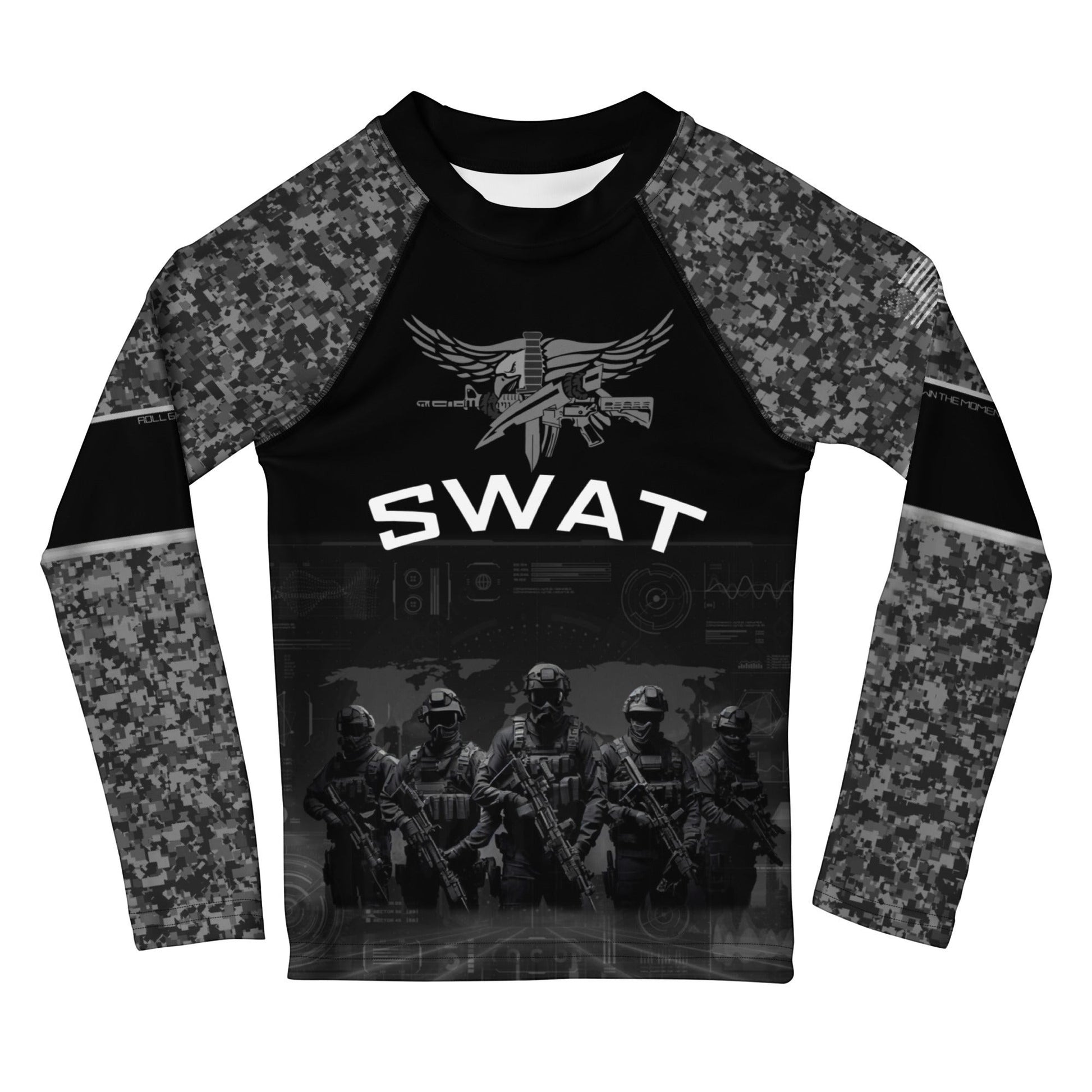 Roll Gear Kids SWAT Edition long sleeve rash guard in black with urban camo sleeves and tactical graphics.