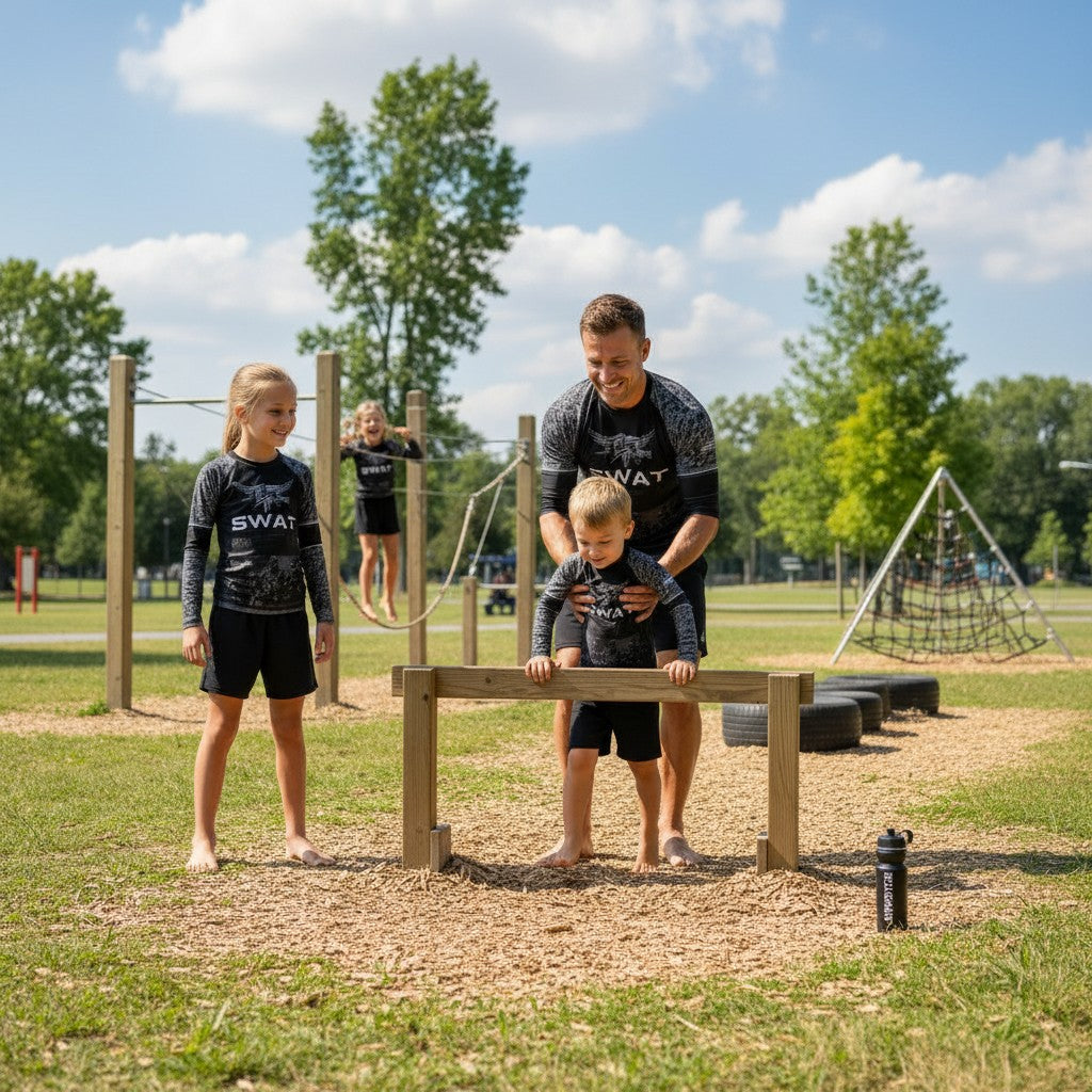 Roll Gear Kids SWAT Edition long sleeve rash guard in black with urban camo sleeves and tactical graphics.