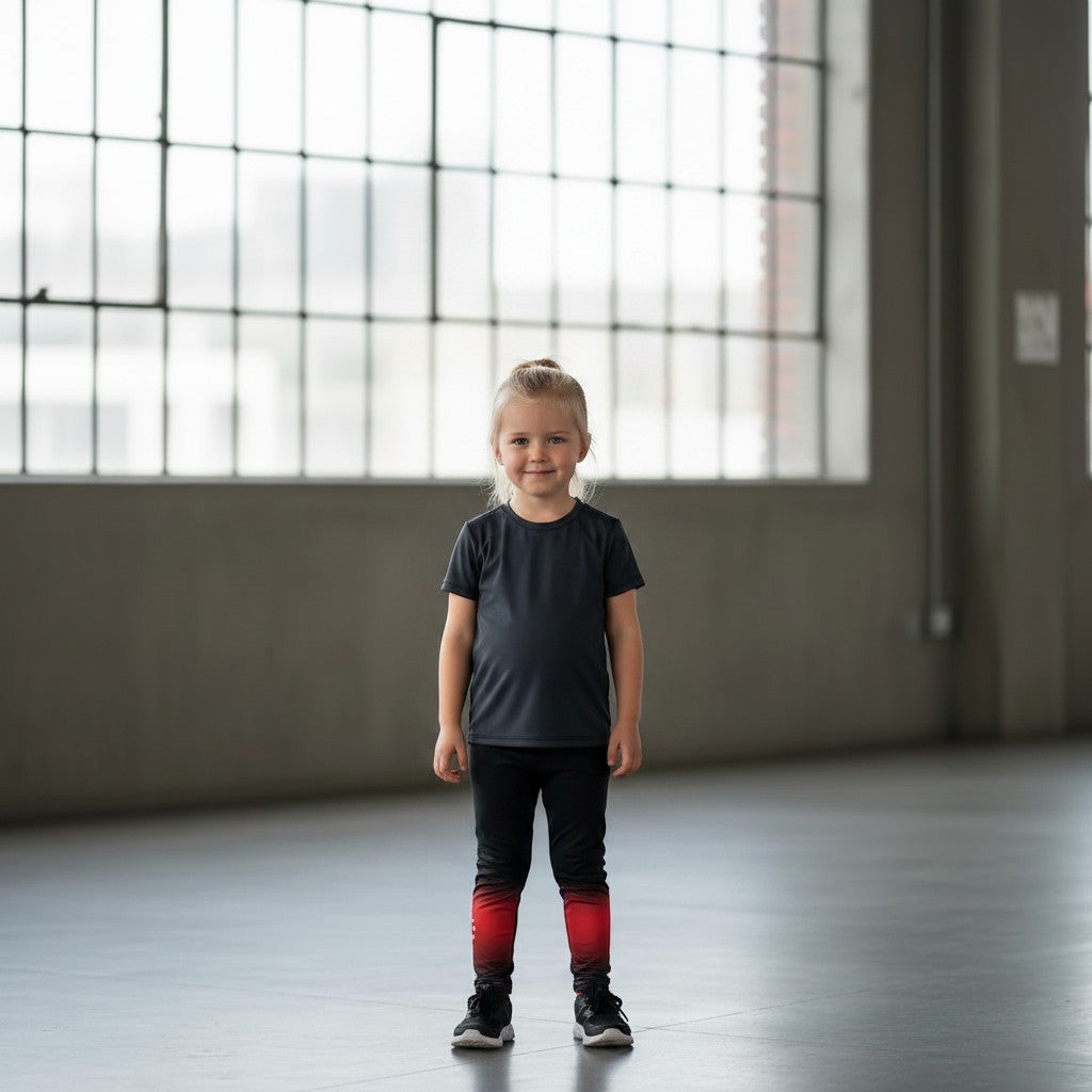 Roll Gear kids' black and grey fade training spats with red gradient detail at the ankles. Moisture-wicking performance fabric.