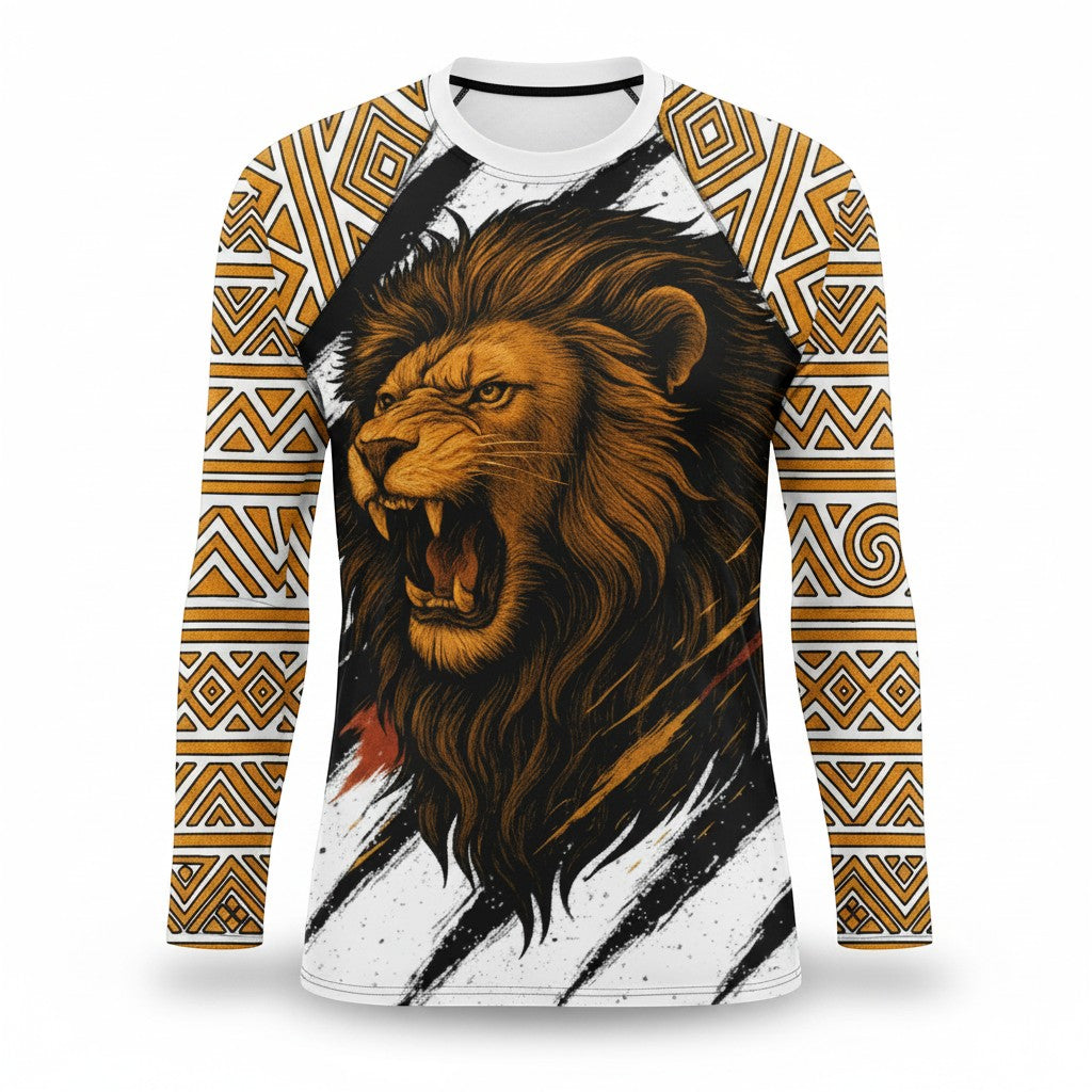 Roll Gear Lion's Pride men's white long sleeve rash guard with gold tribal sleeves and roaring lion graphic.