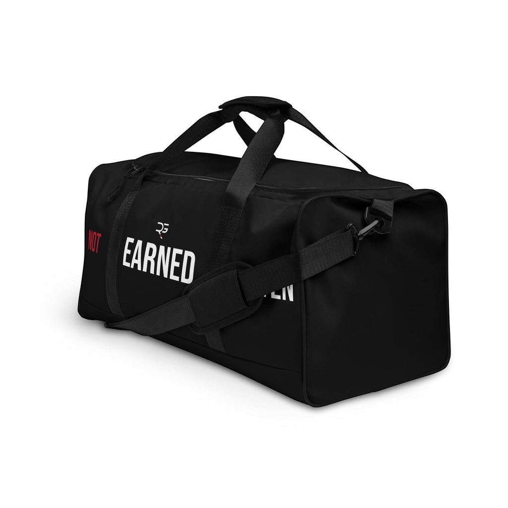 Roll Gear LLC black polyester duffel bag with "NOT EARNED" graphic, padded handles, and adjustable shoulder strap.