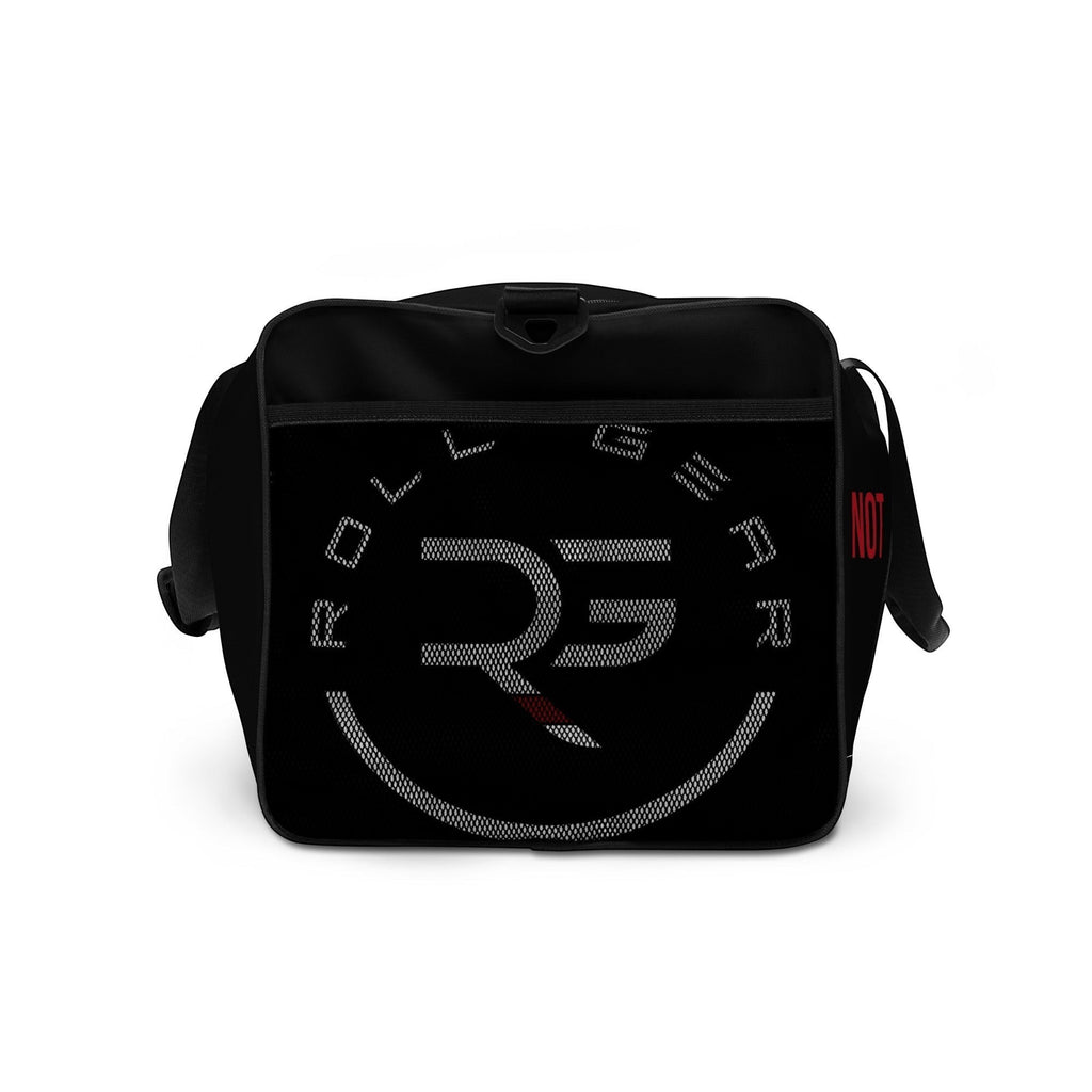 Roll Gear LLC black polyester duffel bag with Tap Hype graphic, mesh pocket, and padded handles.