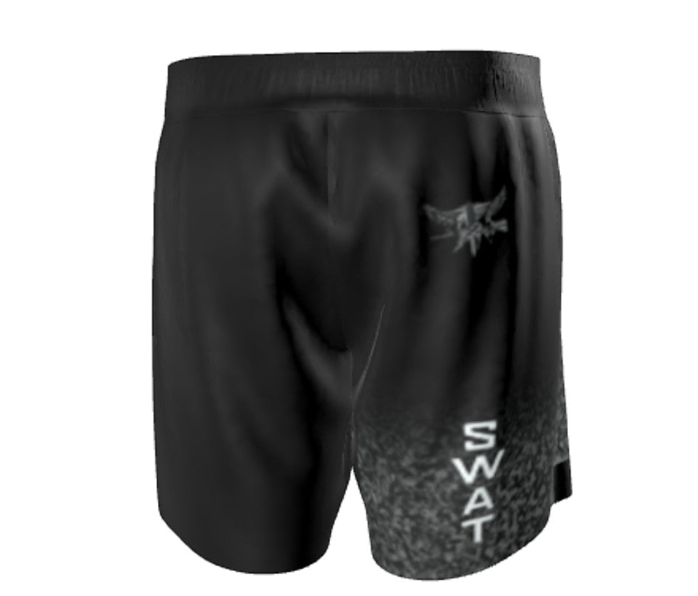 Roll Gear LLC black 4-way stretch grappling shorts with SWAT logo and split-leg design.