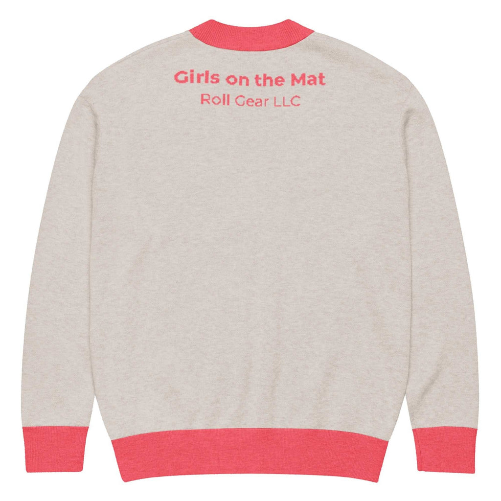 Roll Gear LLC oatmeal knit cardigan with coral trim and Girls on the Mat detailing on back.