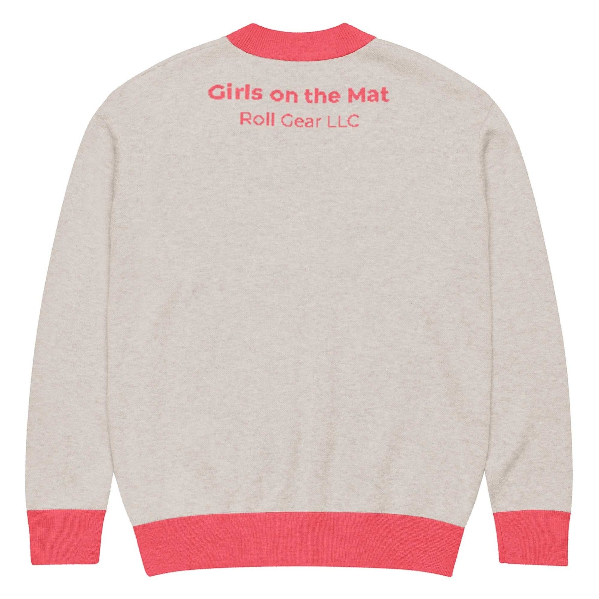 Roll Gear LLC oatmeal knit cardigan with coral trim and Girls on the Mat detailing on back.