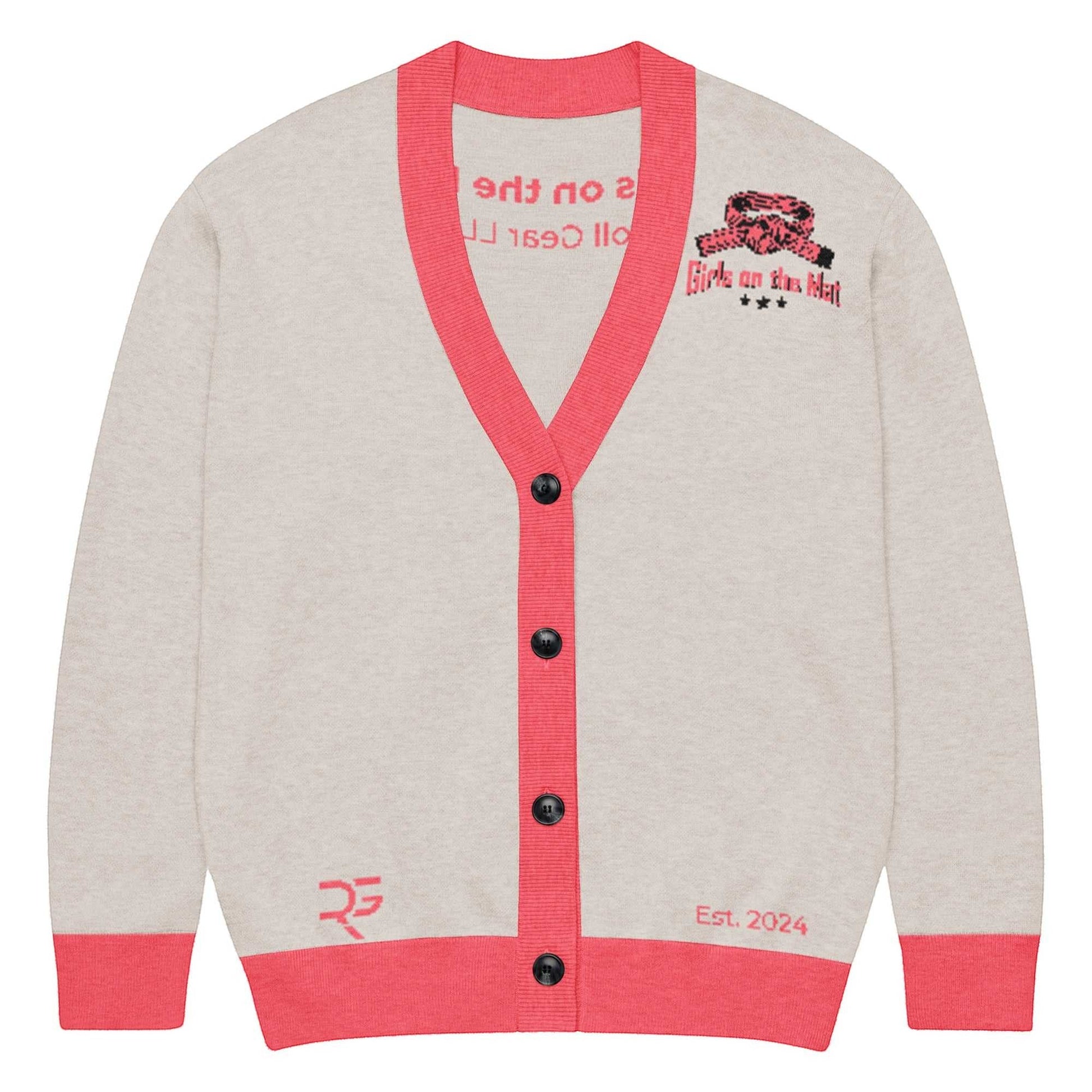 Roll Gear LLC oatmeal knit cardigan with coral trim, bow emblem, and Girls on the Mat detailing.