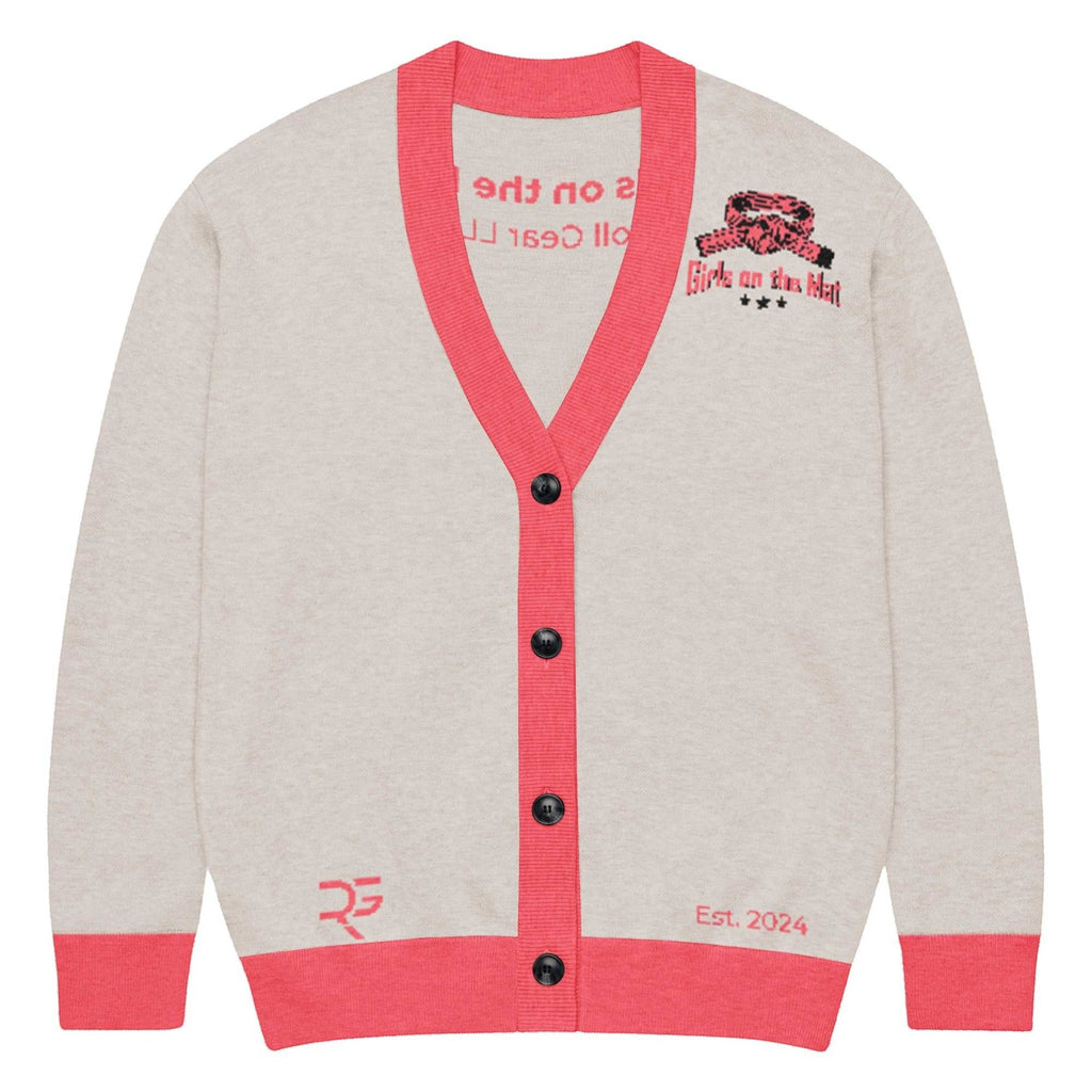 Roll Gear LLC oatmeal knit cardigan with coral trim, bow logo, and "Girls on the Mat" text.
