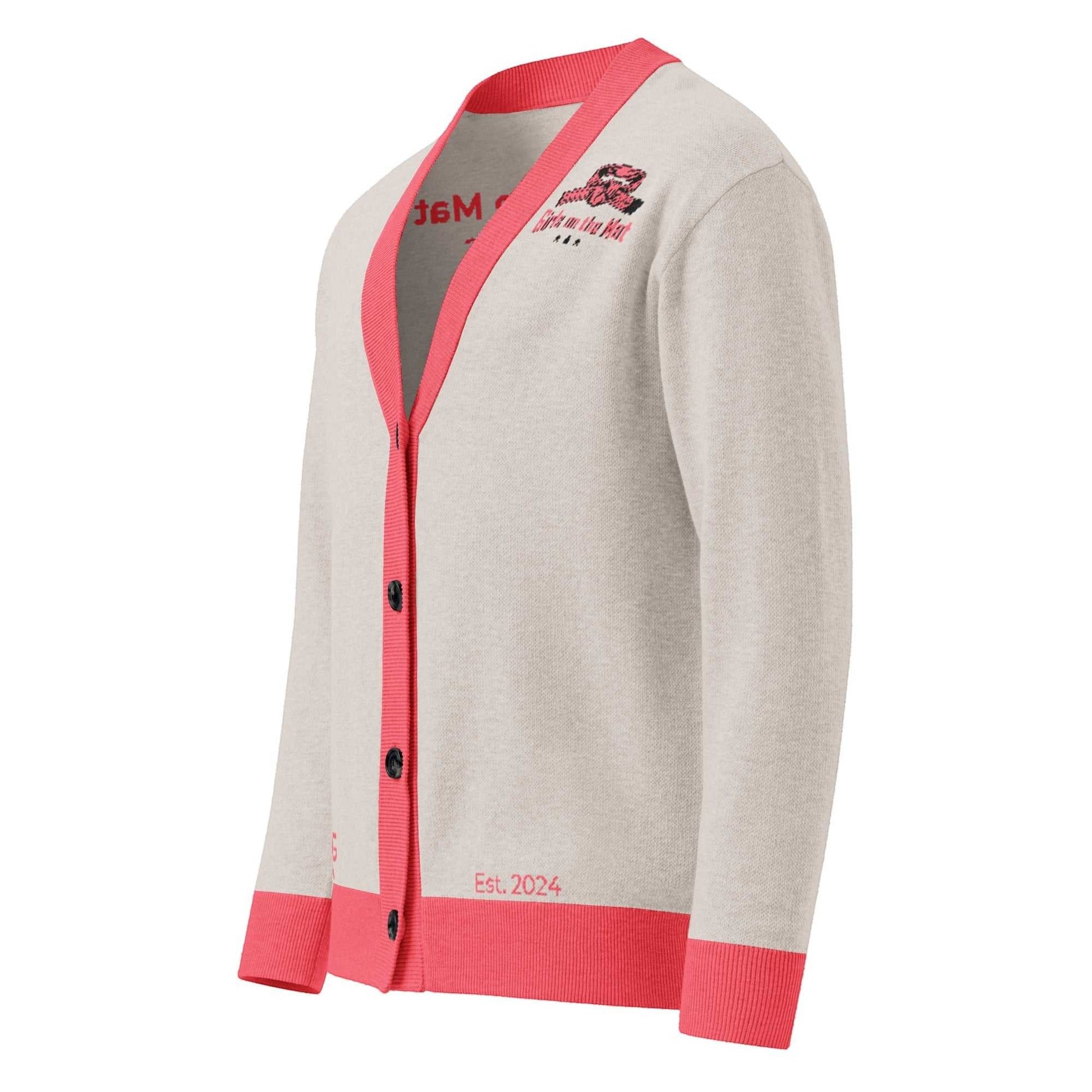 Roll Gear LLC oatmeal knit cardigan with coral trim, bow emblem on chest, and "Est. 2024" detail.