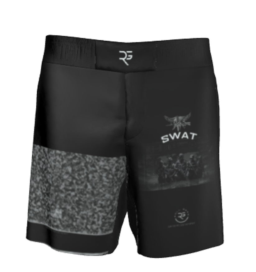 Roll Gear LLC black 4-way stretch grappling shorts with SWAT graphic and split leg design.