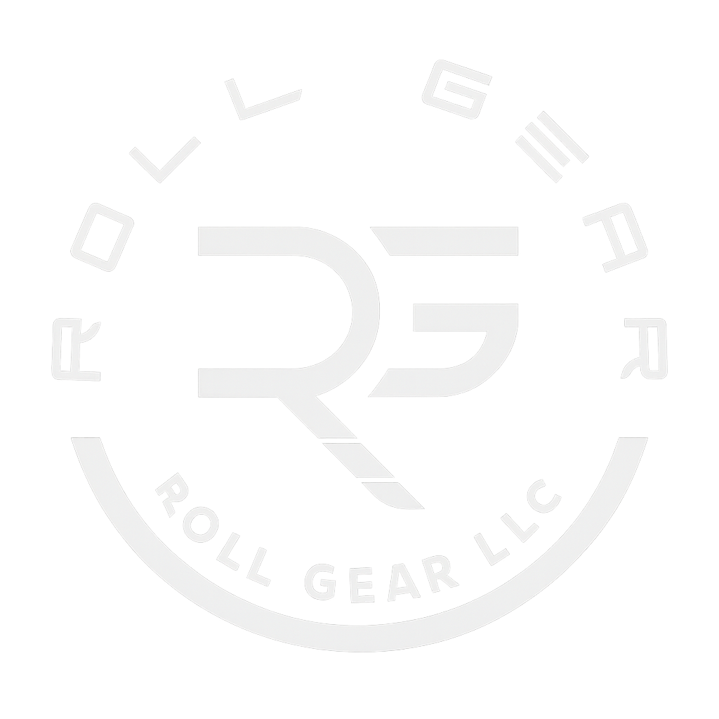 Subtle transparent Roll Gear LLC logo used as a minimalist background for martial arts and grappling apparel branding.