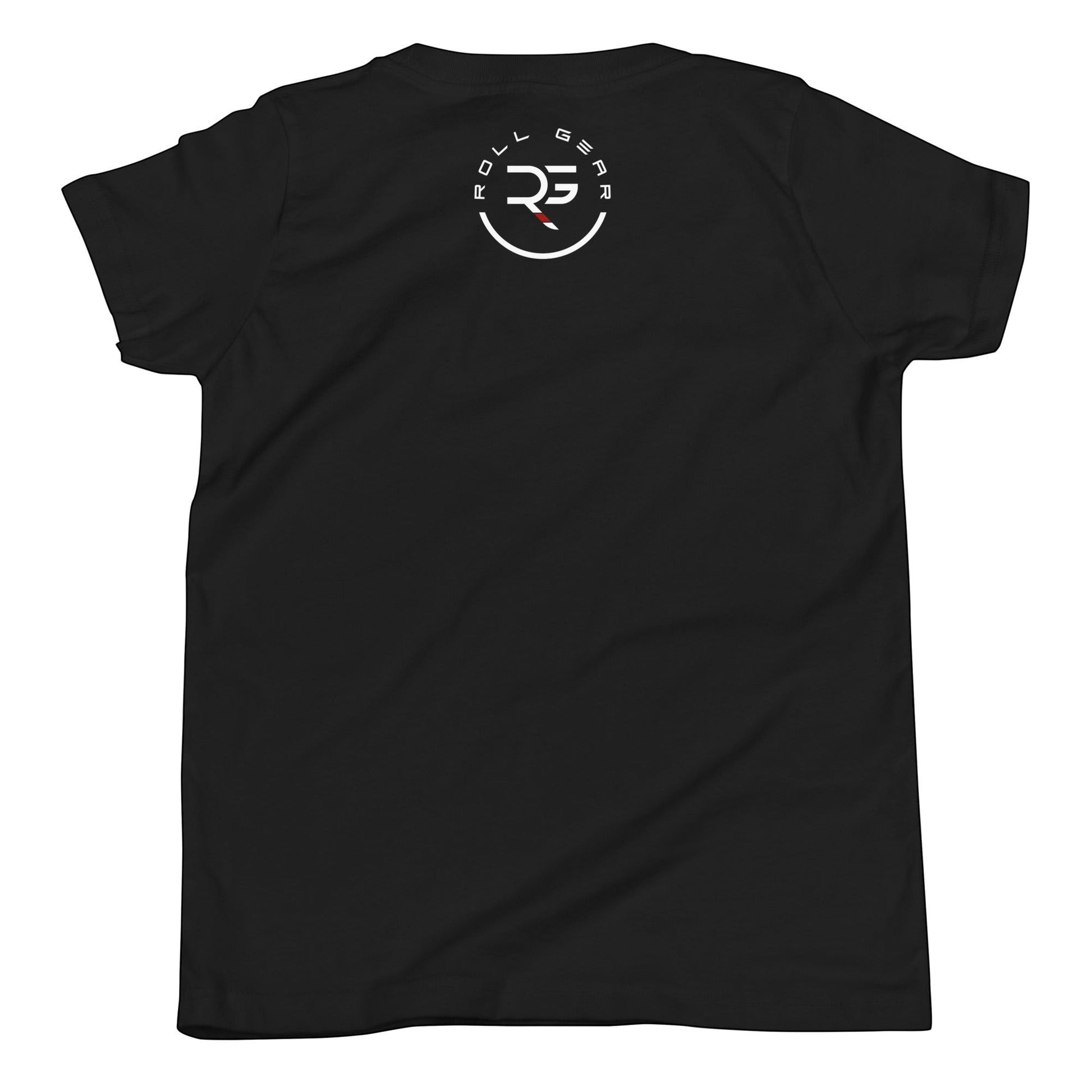 Roll Gear LLC youth black cotton t-shirt with circular logo and text on back