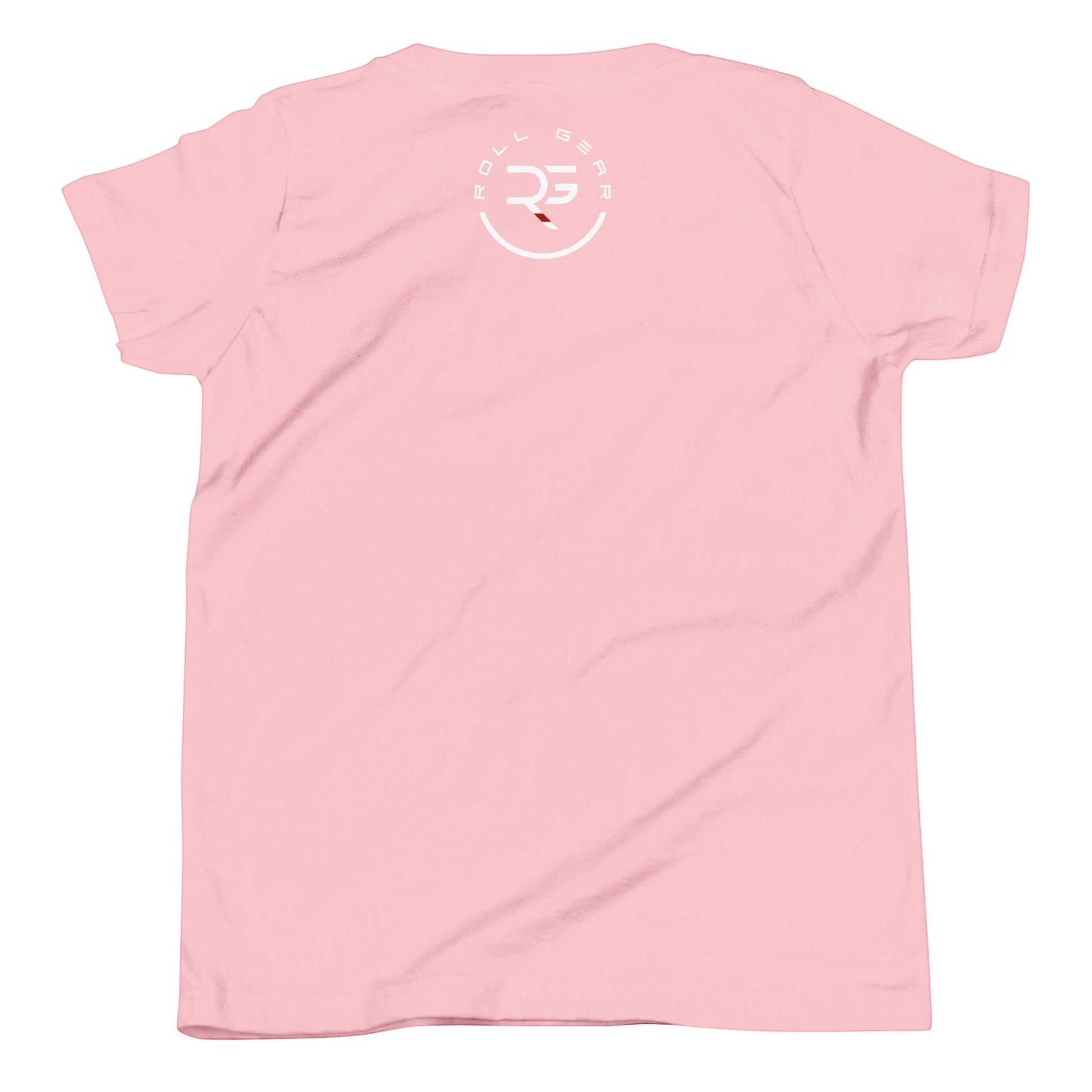 Roll Gear LLC youth pink t-shirt with circular logo on back. Cotton blend, short sleeves.