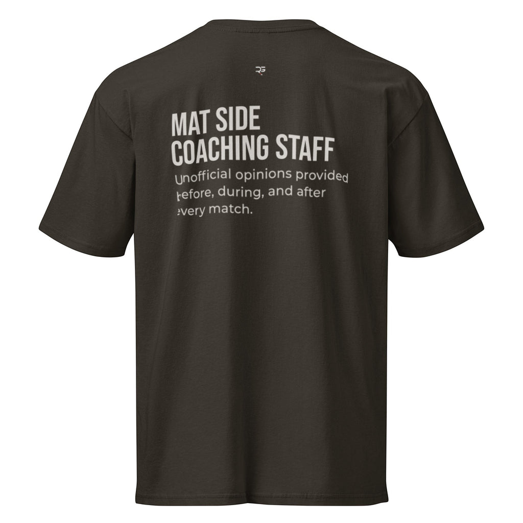 Roll Gear black 100% cotton heavyweight t-shirt with "Mat Side Coaching Staff" graphic on back.