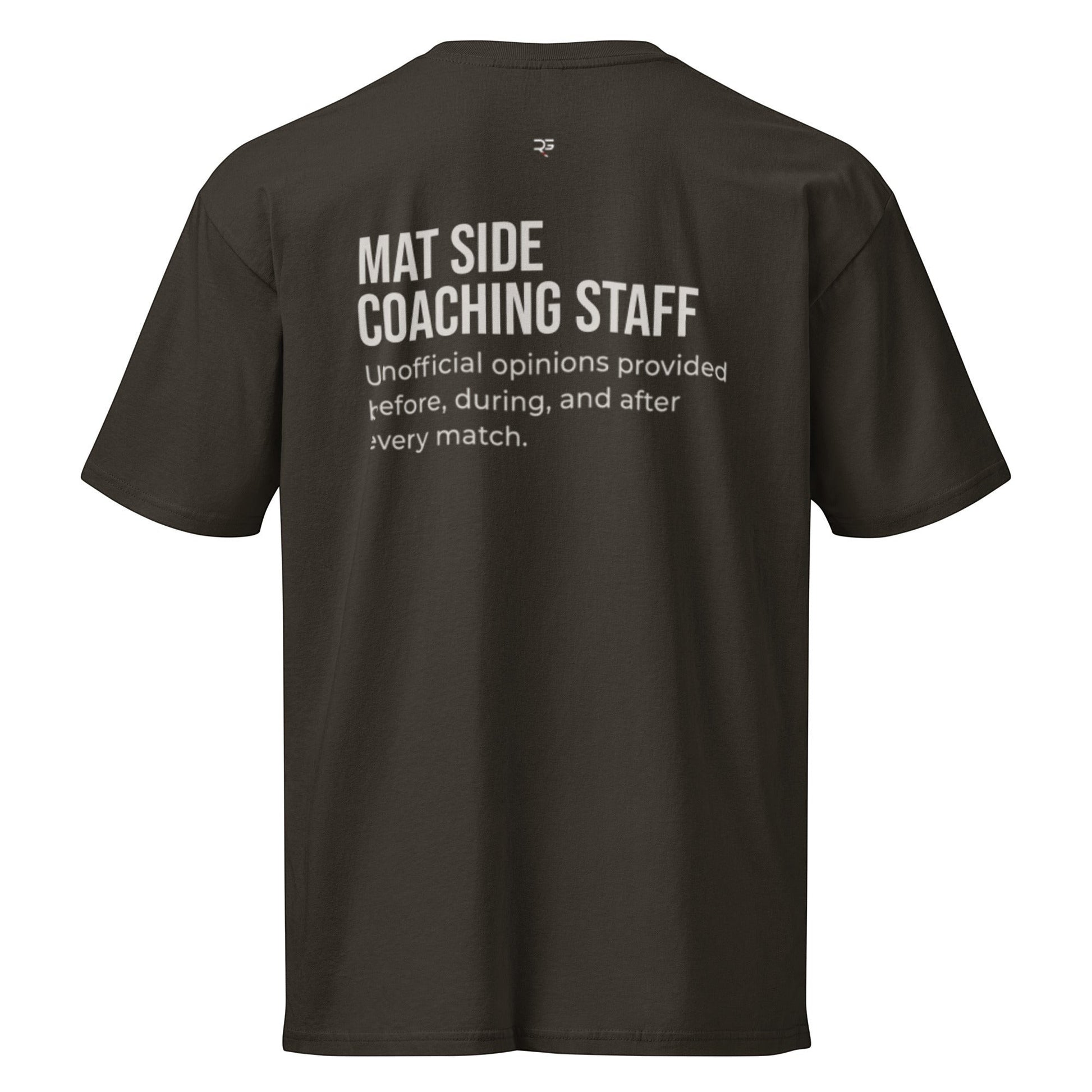 Roll Gear black 100% cotton heavyweight t-shirt with "Mat Side Coaching Staff" graphic on back.