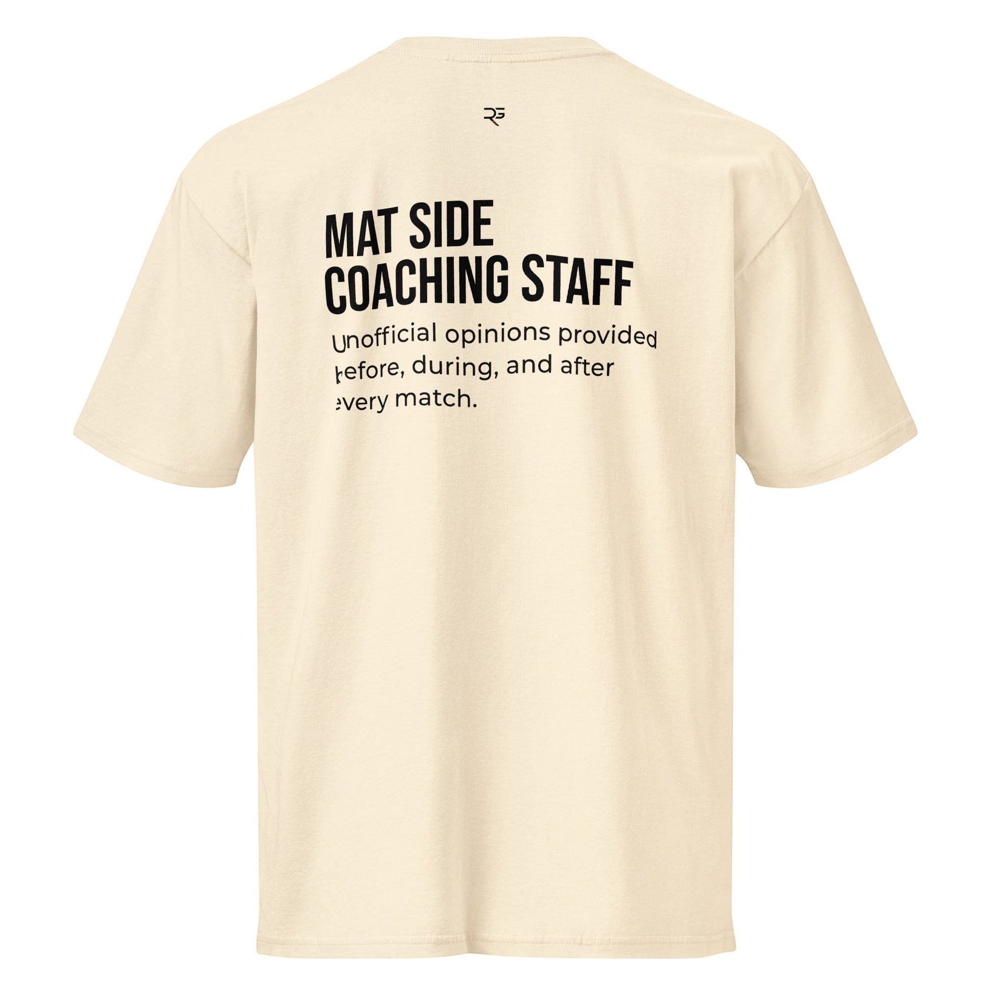 Roll Gear Mat Side Coaching Staff tee in vintage white 100% cotton with black text and logo.