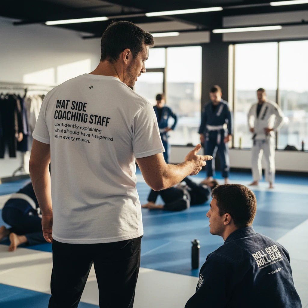 Roll Gear white 100% cotton heavyweight t-shirt with "Mat Side Coaching Staff" graphic on back.