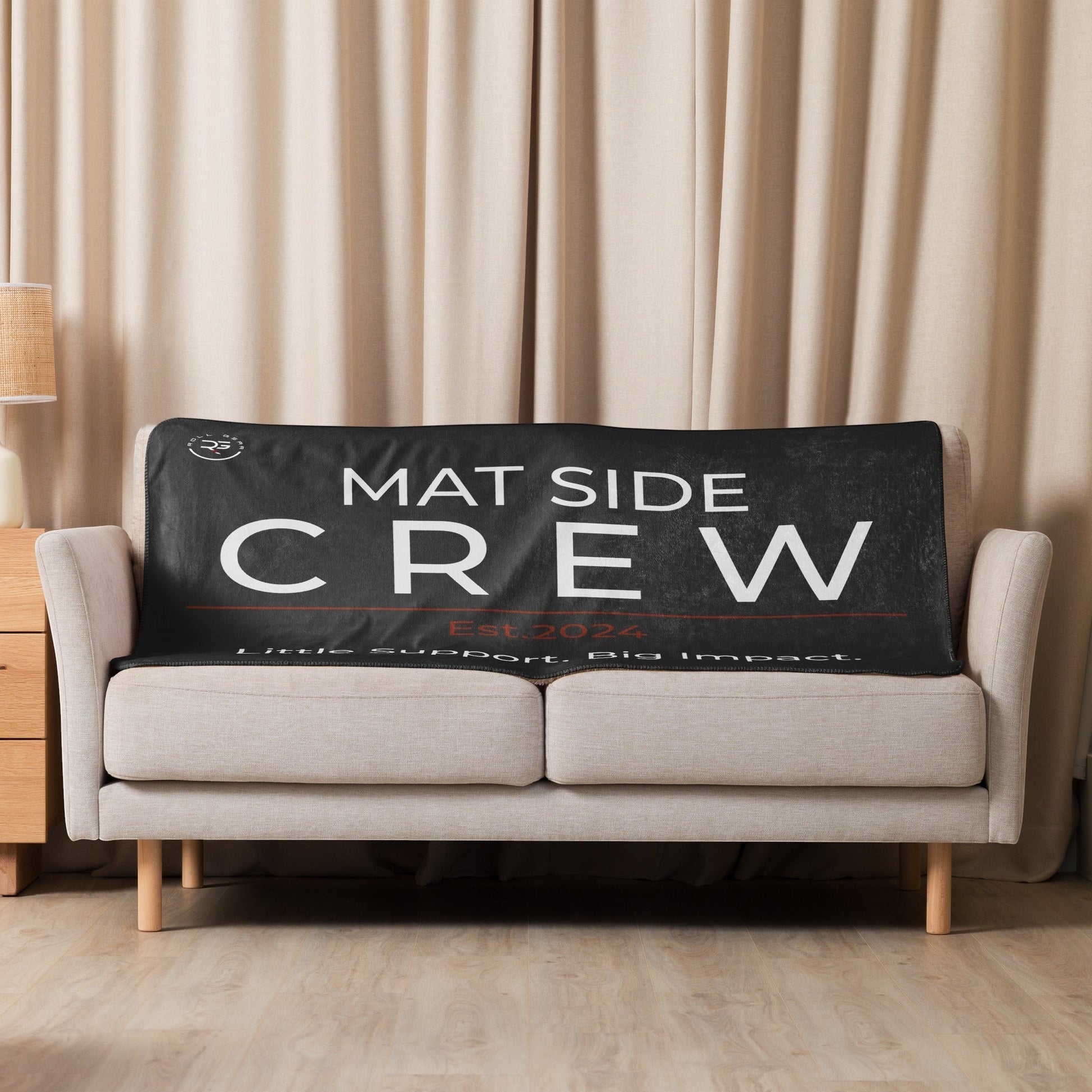 Roll Gear Mat Side Crew Sherpa Blanket, black with white and red text, plush sherpa backing, perfect for wrestling families.