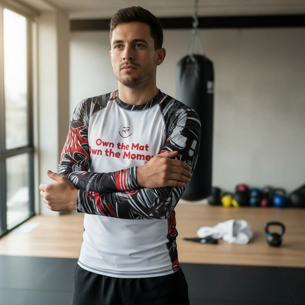 Roll Gear Men's white long sleeve rash guard with red and black graphic print on sleeves and chest text "Own the Mat Own the Moment".