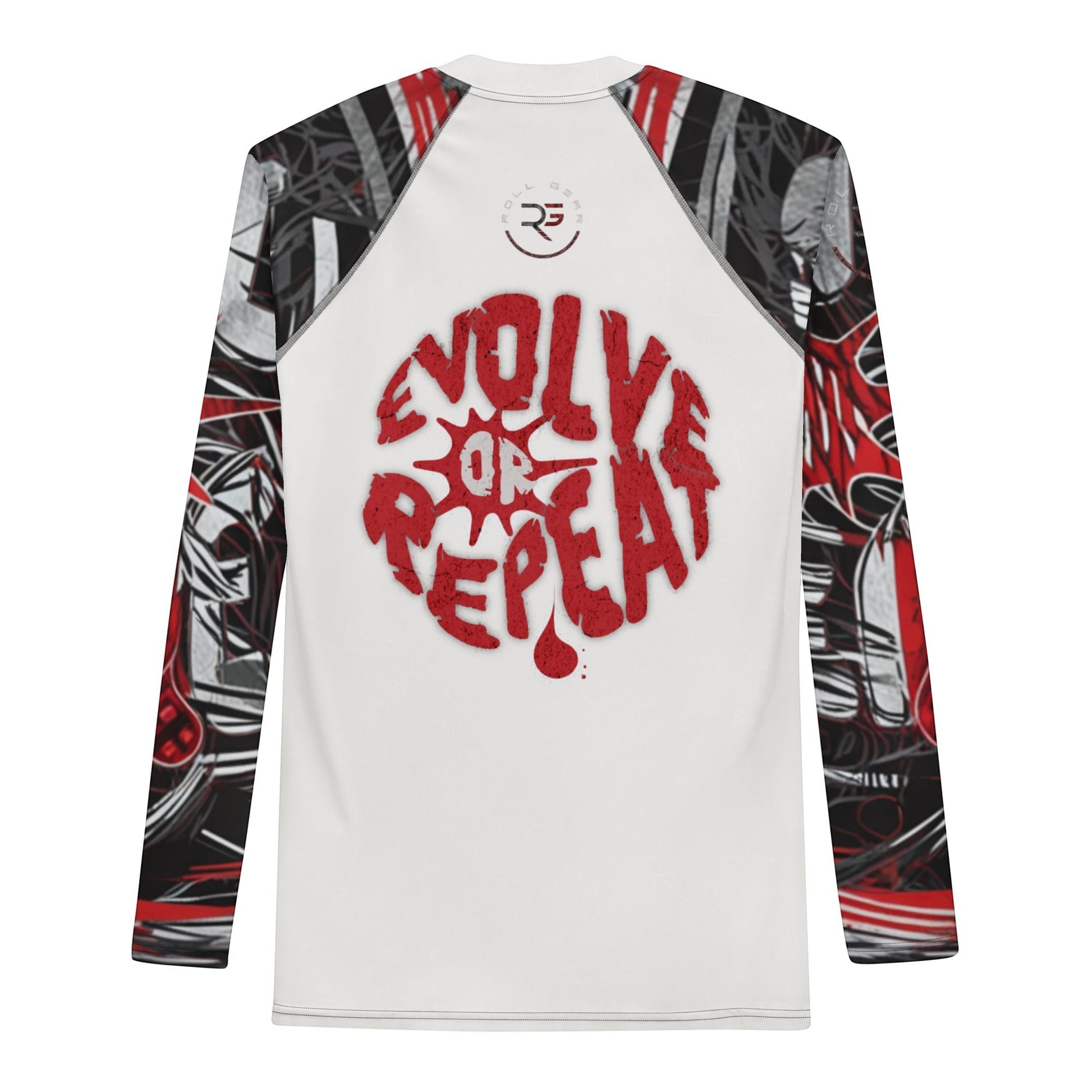 Roll Gear Men's long sleeve rash guard in white with red "Evolve or Repeat" graphic and graphic sleeves. Made from recycled polyester and elastane.
