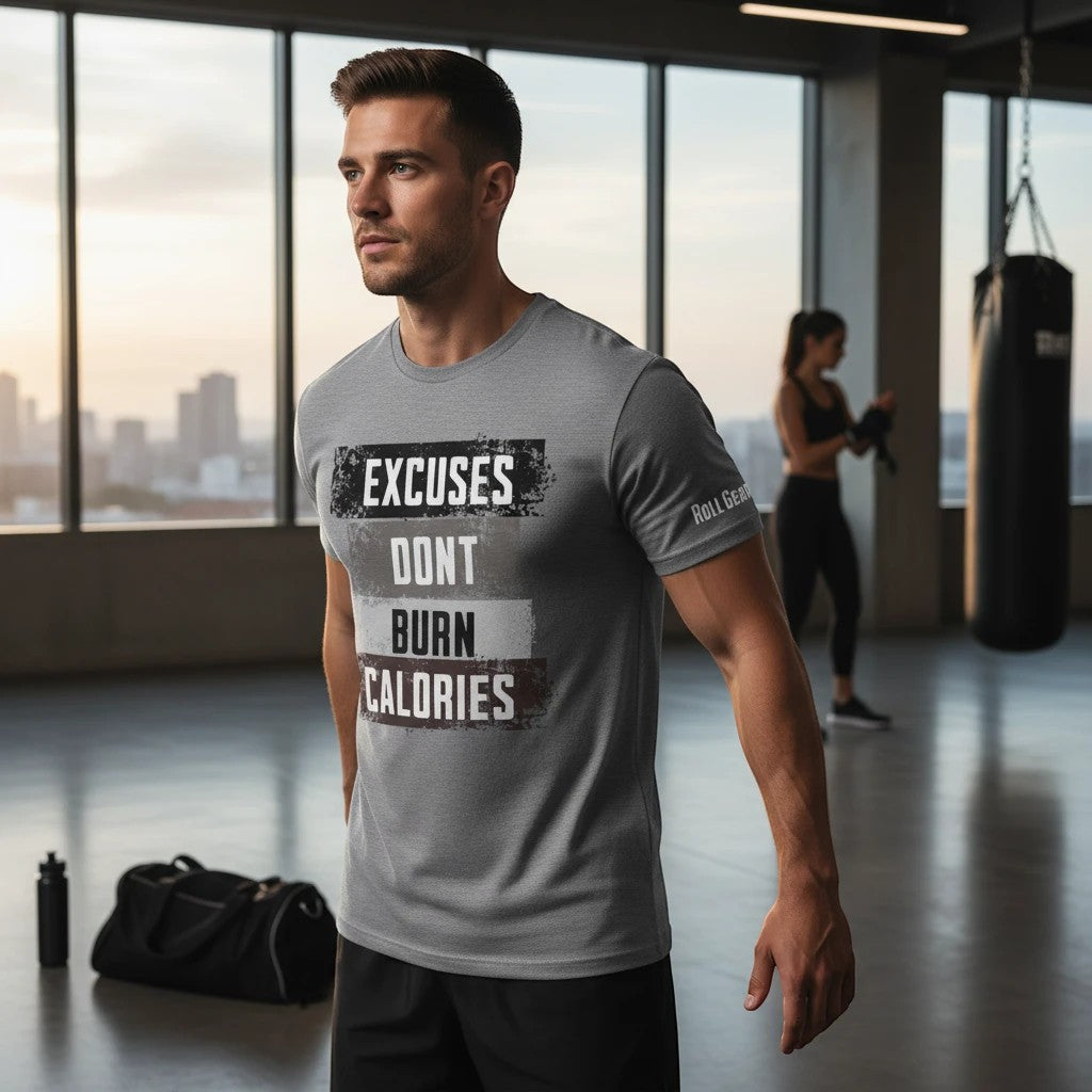 Roll Gear men's grey 100% cotton t-shirt with "Excuses Don't Burn Calories" graphic. Athletic fit.