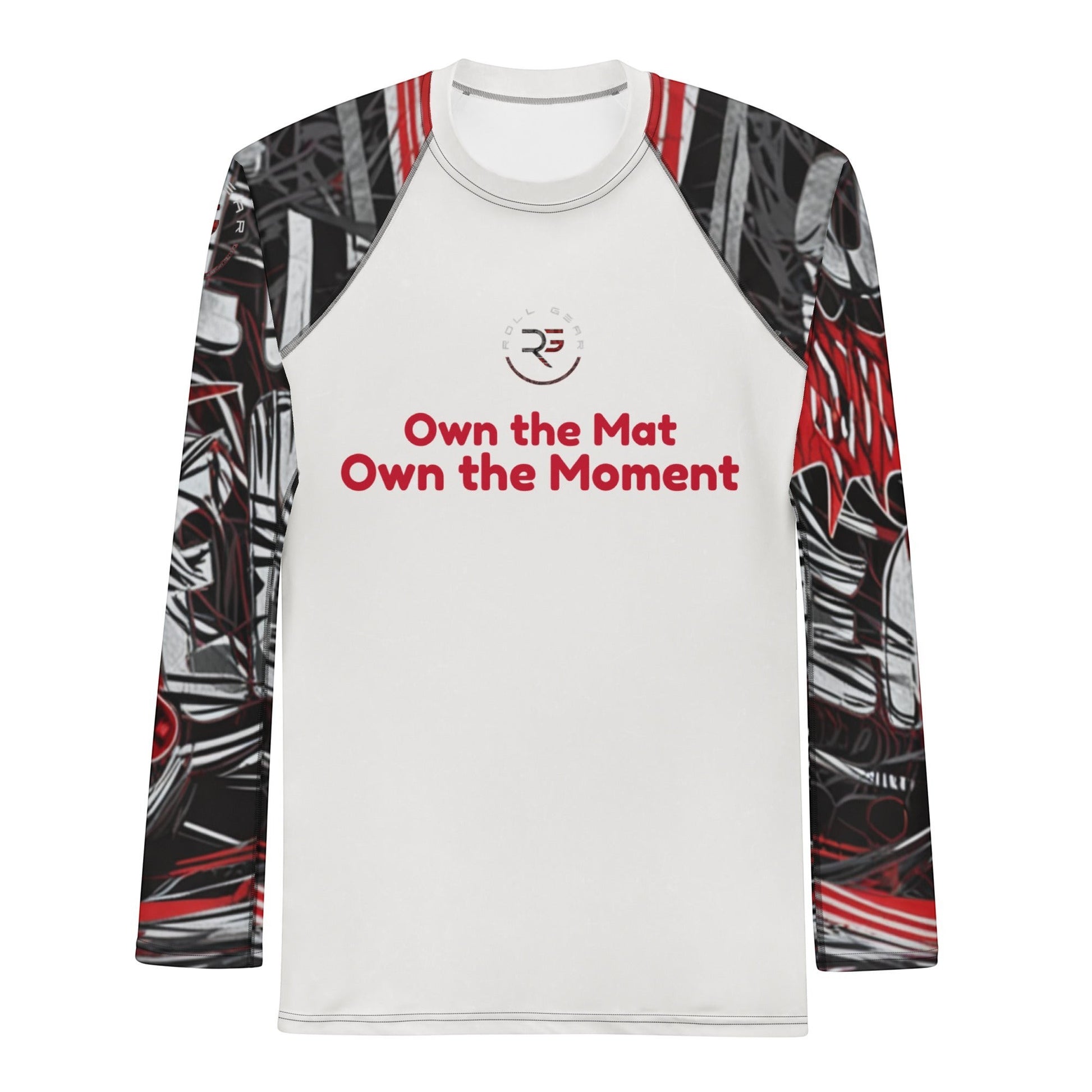 Roll Gear Men's white long sleeve rash guard with red and black abstract graphic on sleeves. Features "Own the Mat Own the Moment" text.