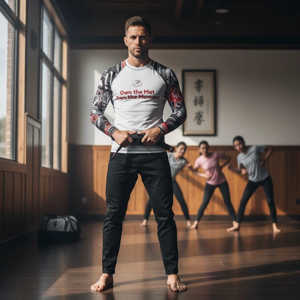 Roll Gear men's white long sleeve rash guard with red and black graphic sleeves and "Own the Mat Own the Moment" text.
