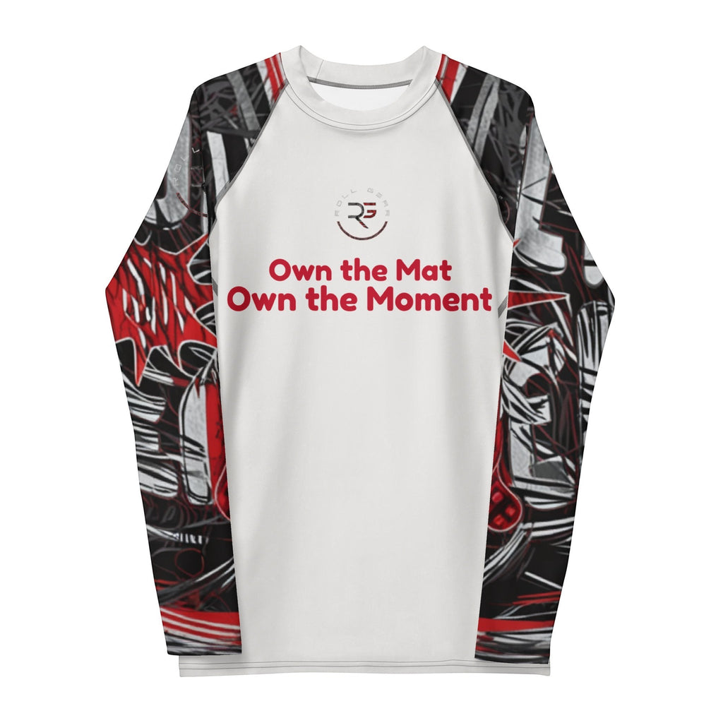 Roll Gear Men's white long sleeve rash guard with red and black graphic sleeves. Features "Own the Mat Own the Moment" text.
