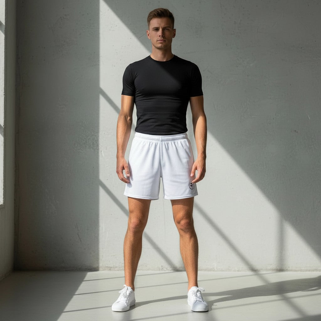 Roll Gear men's all-white mesh shorts made from recycled polyester with an elastic waistband.