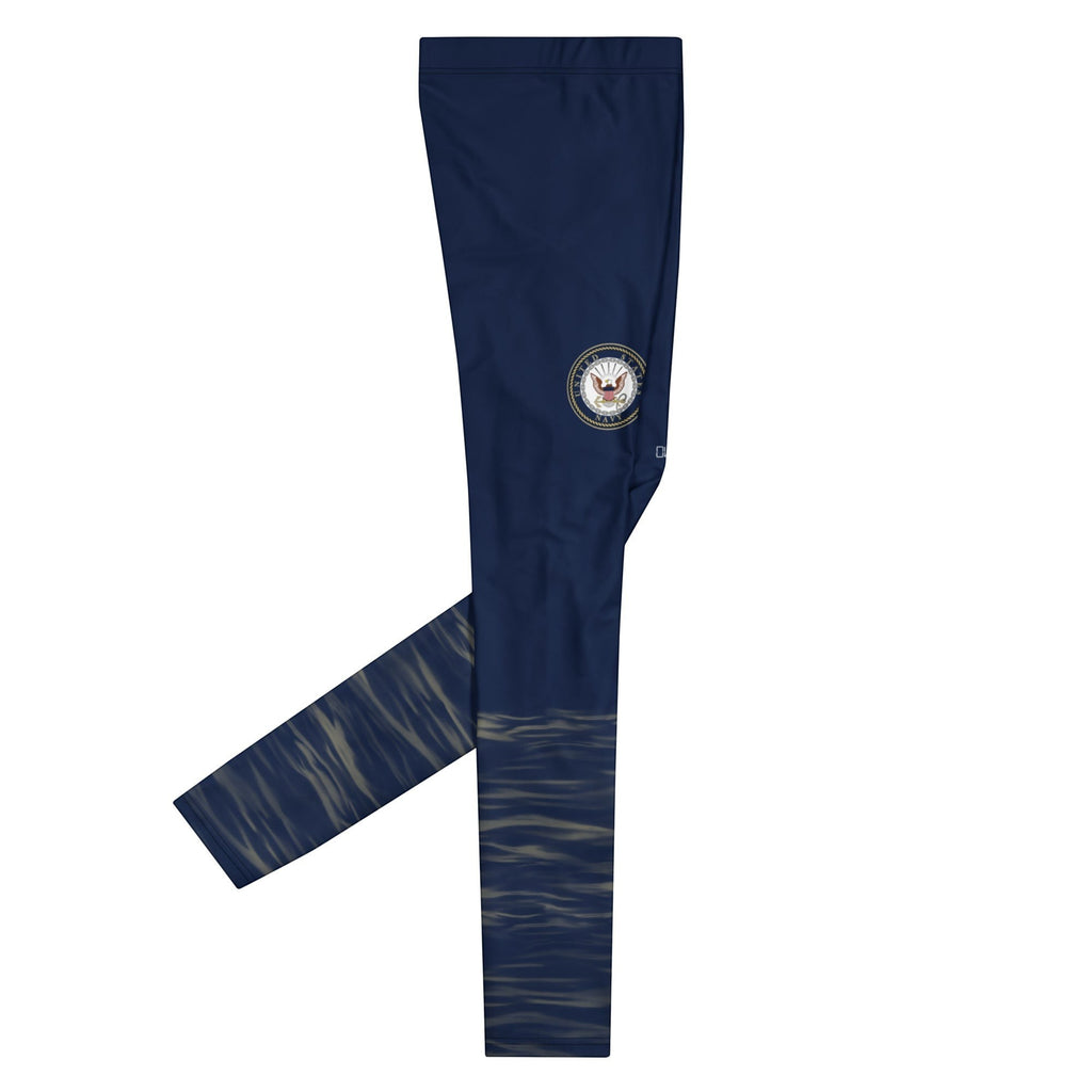 Roll Gear Men's navy compression spats with ocean camo print and US Navy insignia. Polyester-spandex blend.