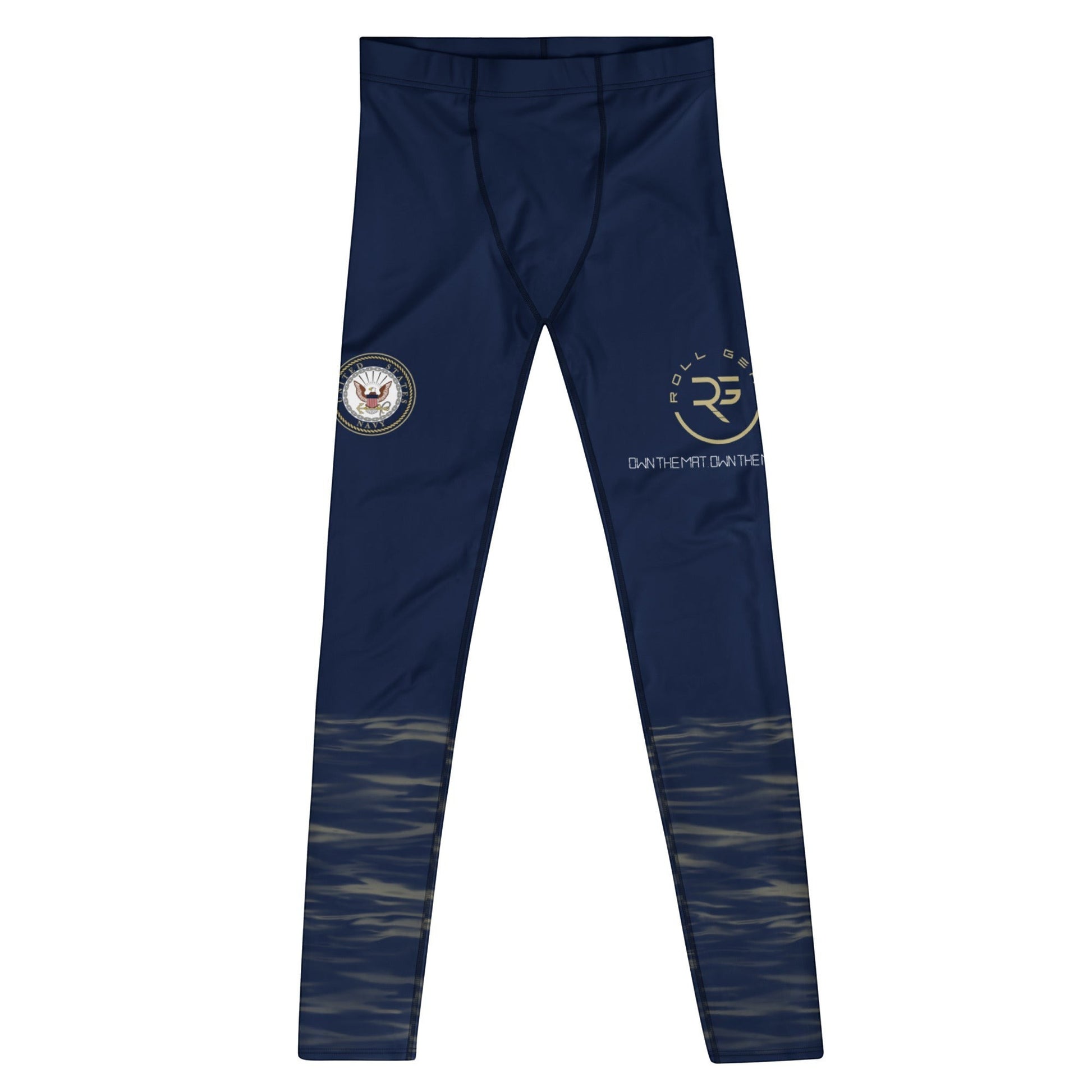 Roll Gear men's navy compression spats with ocean camo print on legs and US Navy insignia accents. Polyester-spandex blend.