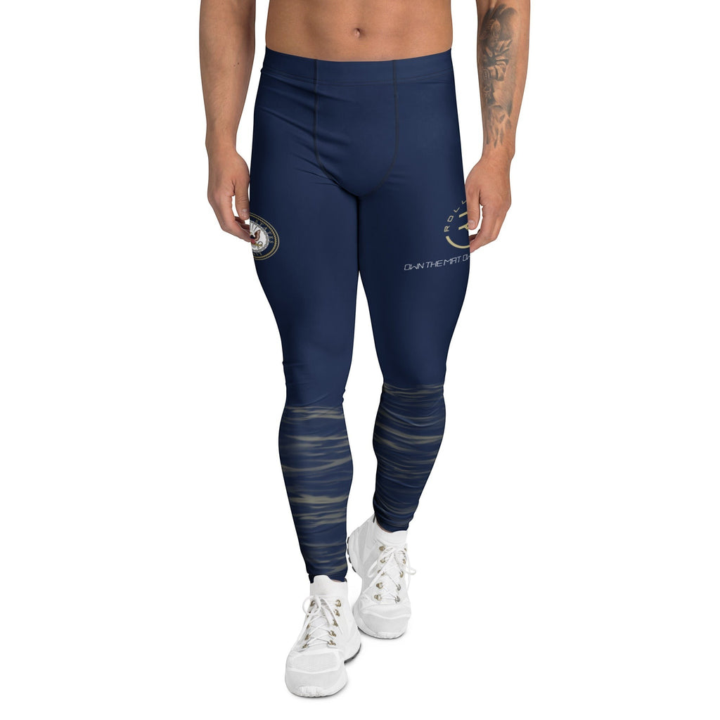 Roll Gear men's navy compression spats with ocean camo detail on lower legs. Polyester-spandex blend.
