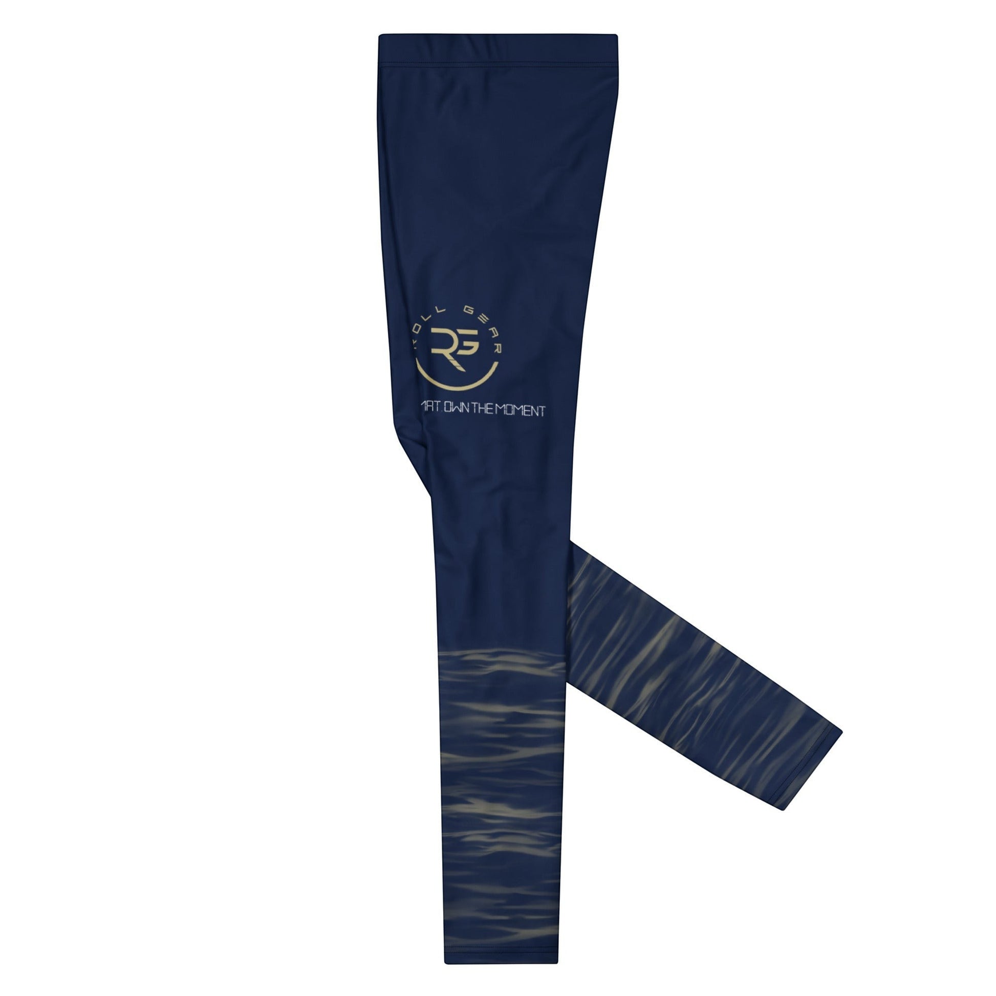 Roll Gear Men's navy compression spats with ocean camo print on lower legs and logo on thigh. Polyester-spandex blend.