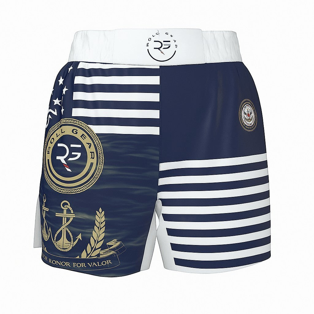 Roll Gear Navy Grappling Shorts – Honor for Valor Edition with anchor and US Navy seal graphics.