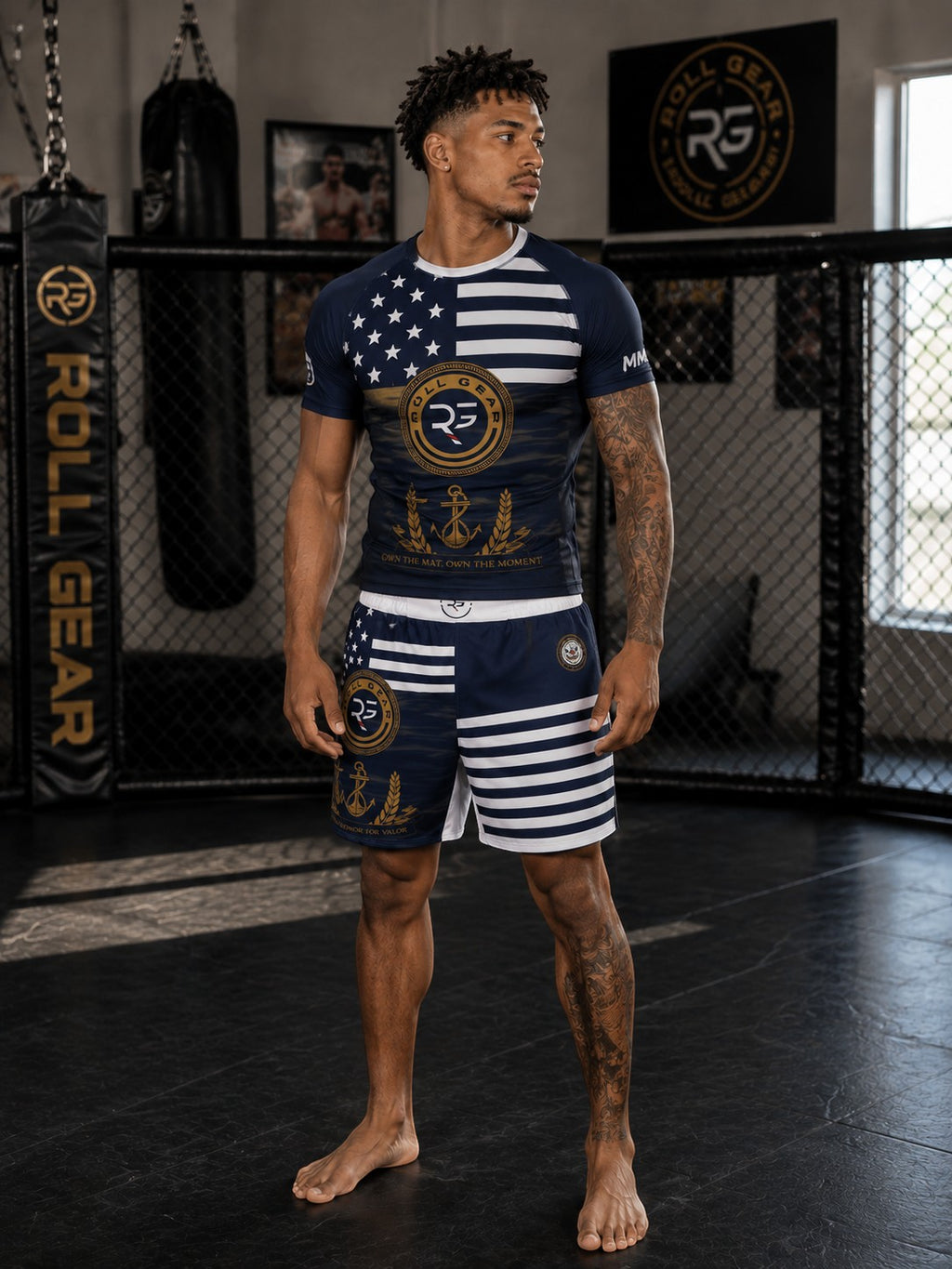 Roll Gear Navy Grappling Shorts – Honor for Valor Edition. Navy blue with white stripes and anchor graphics. Lightweight, 4-way stretch fabric.