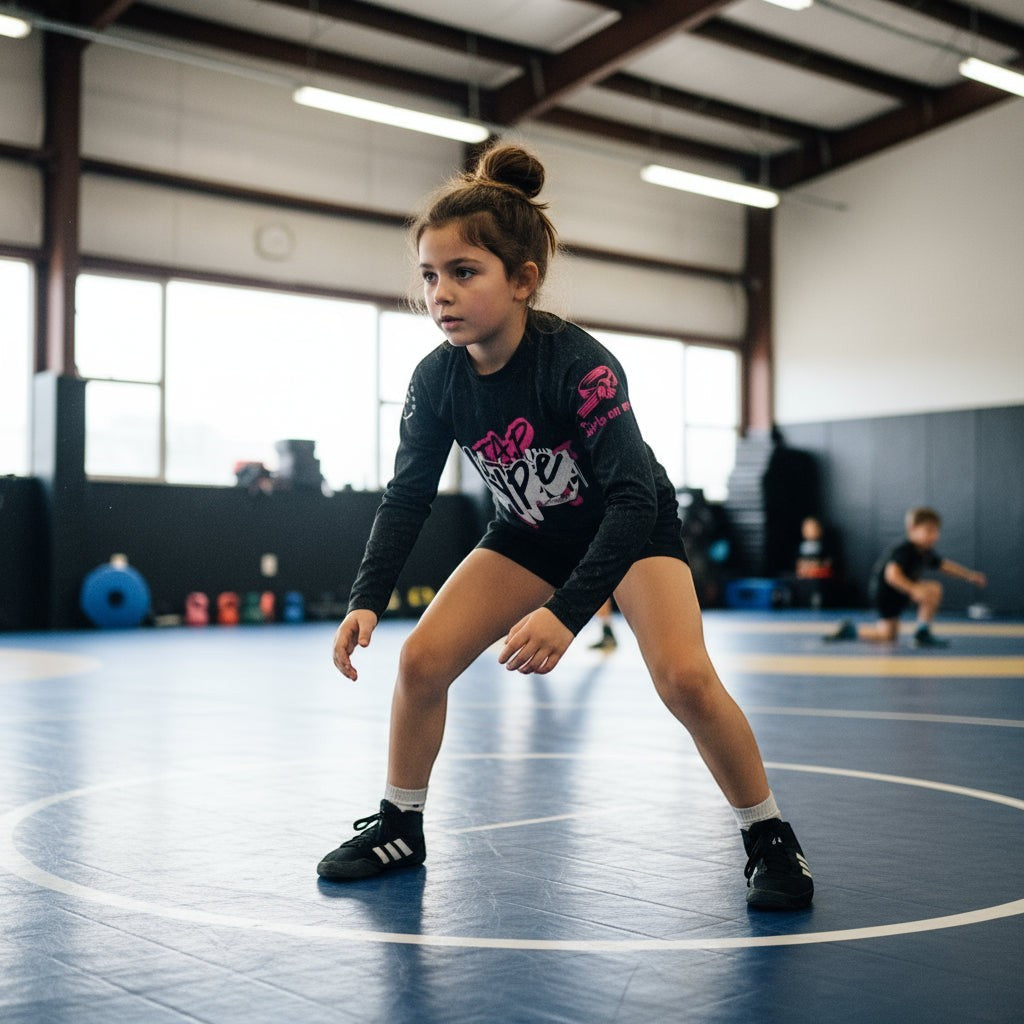 Roll Gear Pink Edition Youth Long-Sleeve BJJ Rash Guard with pink graphics on a young girl training on a wrestling mat.