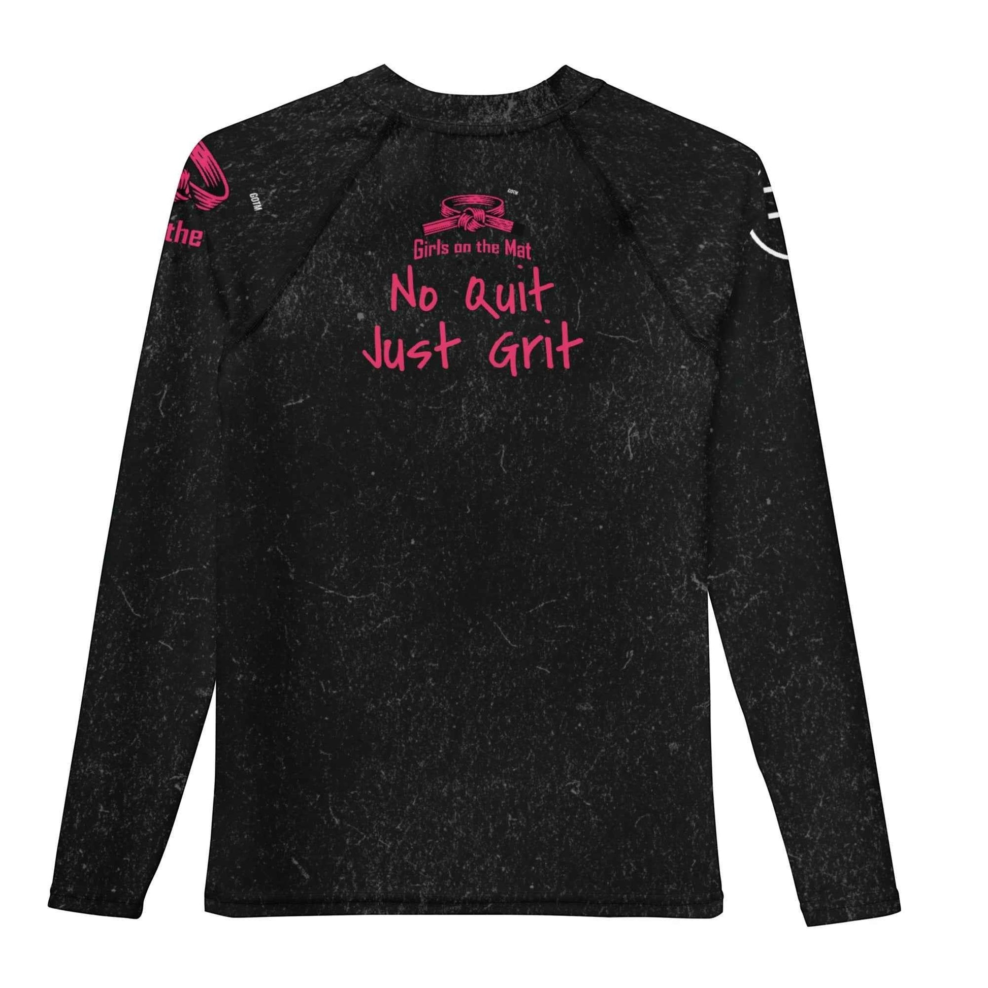 Roll Gear black long-sleeve youth BJJ rash guard with pink "No Quit Just Grit" graphic and "Girls on the Mat" logo.
