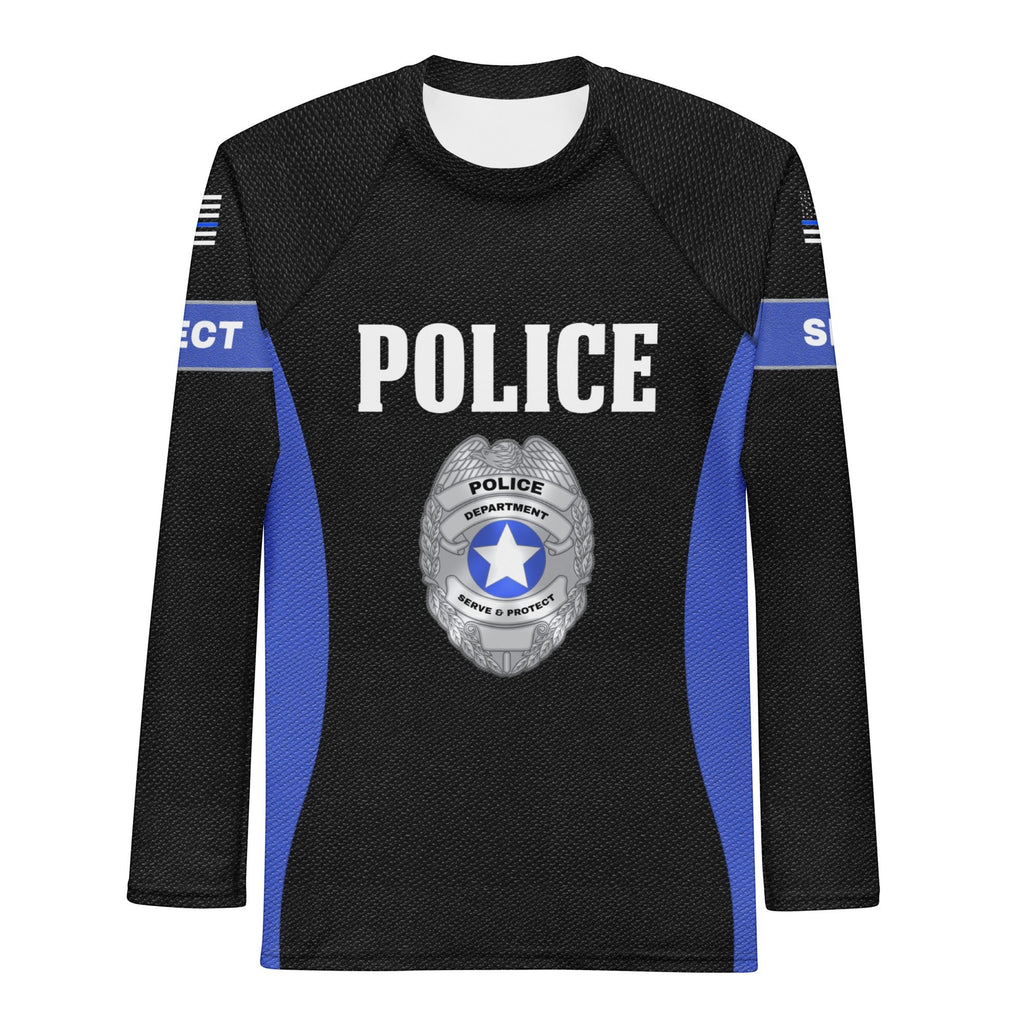 Roll Gear Men's black long sleeve rash guard with "POLICE" text, badge emblem, and thin blue line accents. Compression fit for athletic training.
