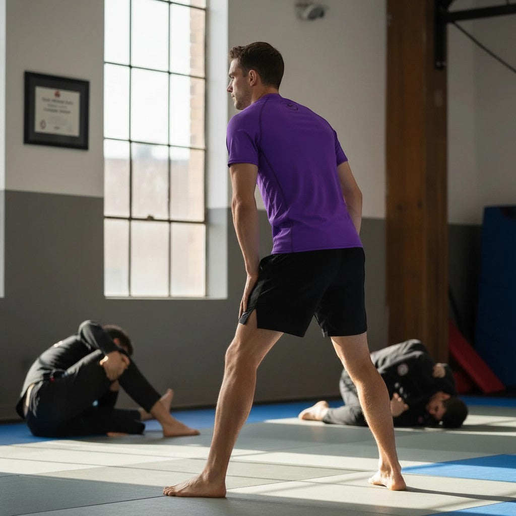 Roll Gear adult/unisex short-sleeve purple performance rash guard with reinforced seams.