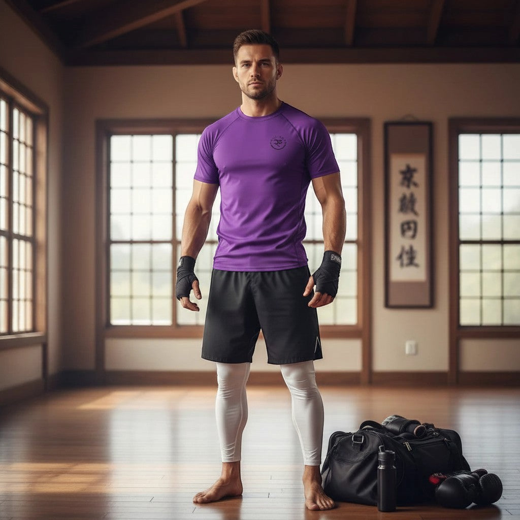 Roll Gear adult/unisex solid purple performance rash guard with black trim and logo. Model wears black shorts and white leggings.